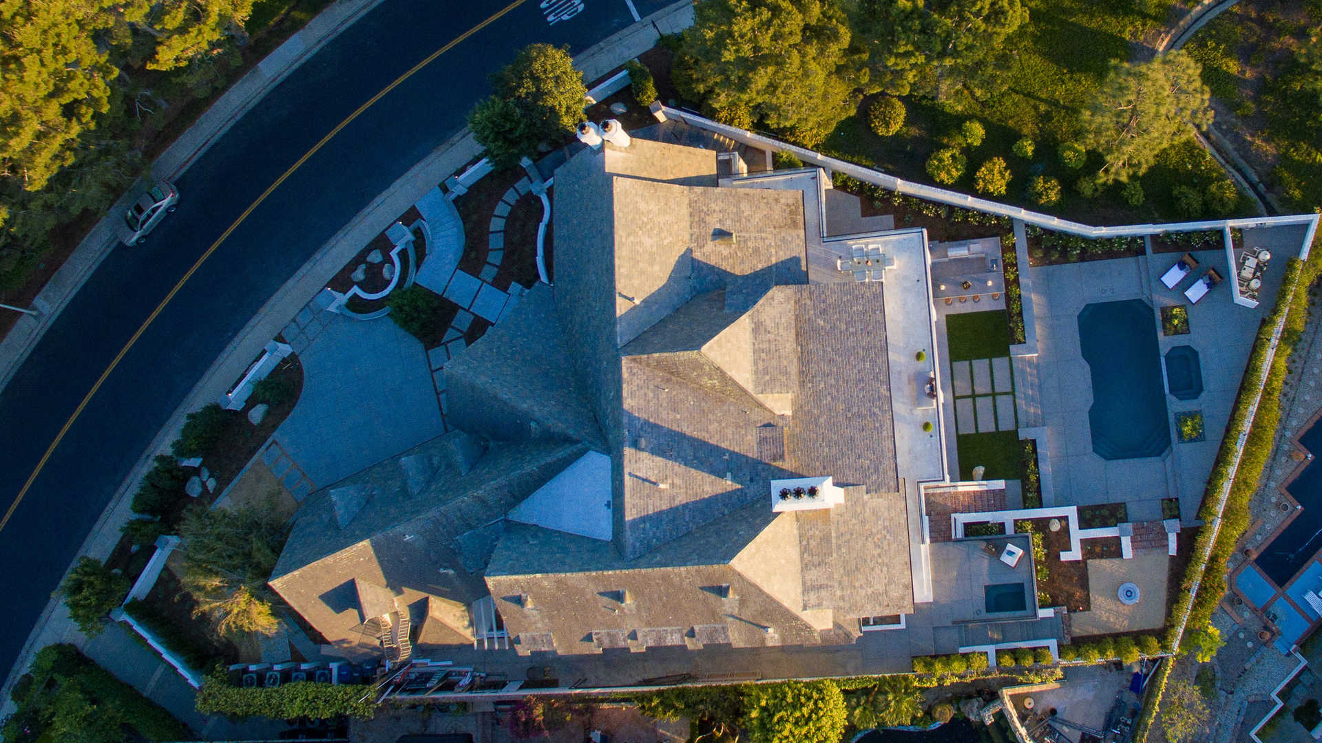 Marvelous villa exterior in gated Harbour Ridge, Newport Beach, Los Angeles, with landscaped garden