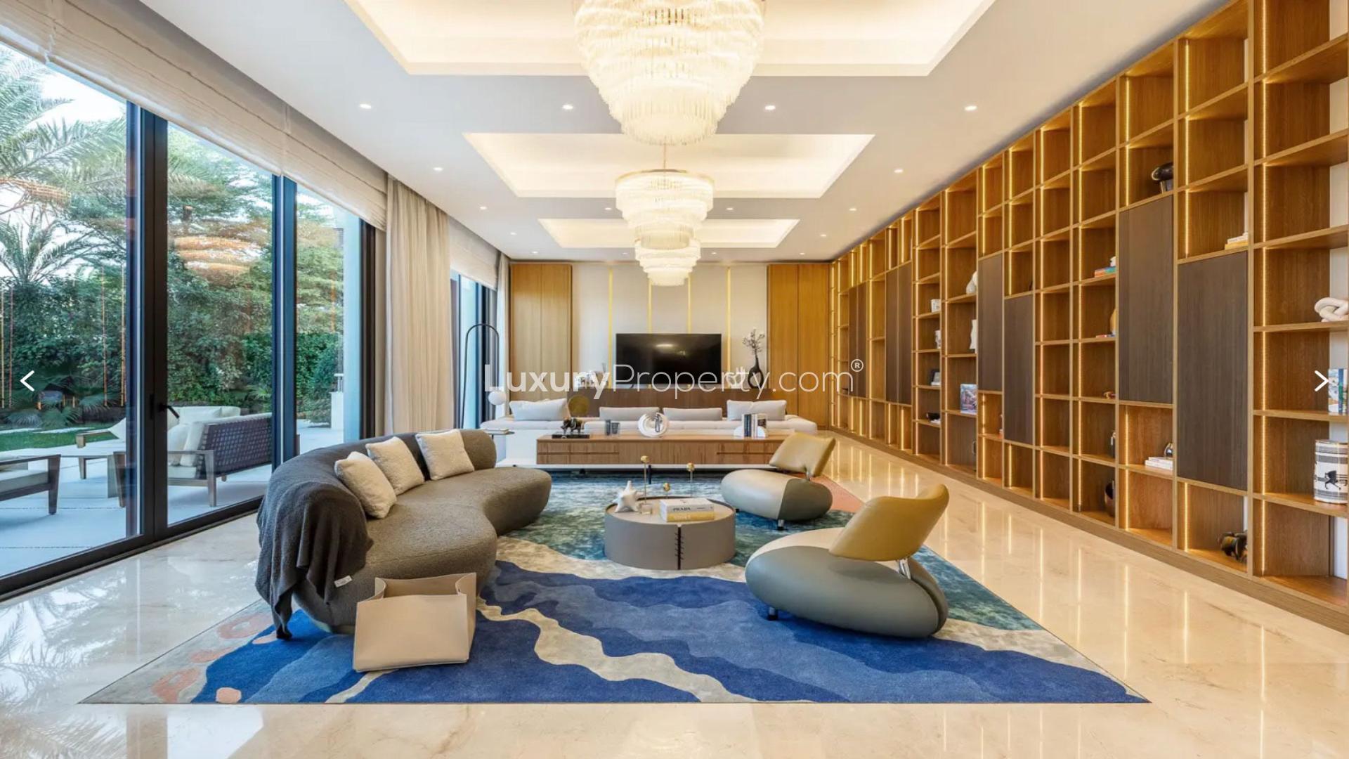 Italian design custom villa exterior in Dubai Hills Estate, lush landscaping, modern architecture