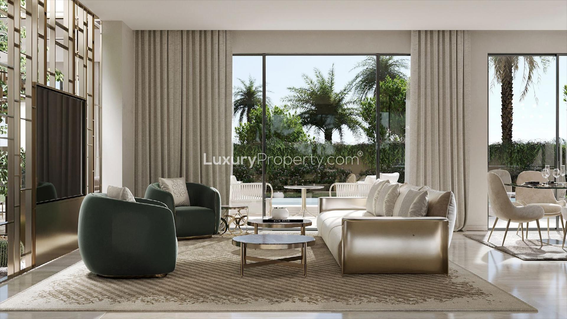 N/A,Luxurious villa view in Palm Hills, Dubai Hills Estate with golf course and scenic pond.