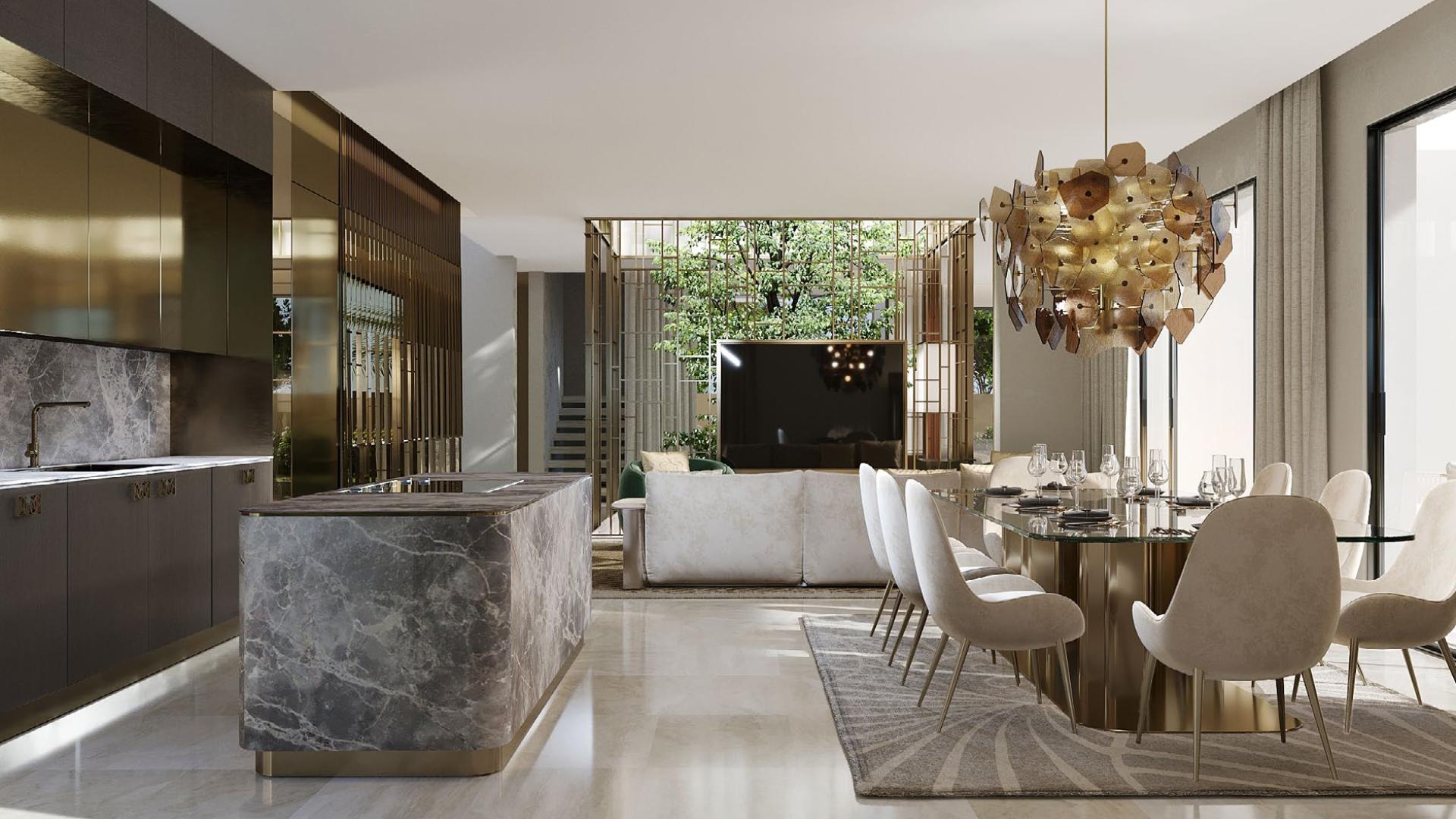 Luxurious open-plan kitchen and dining area in Dubai Hills Estate villa for sale