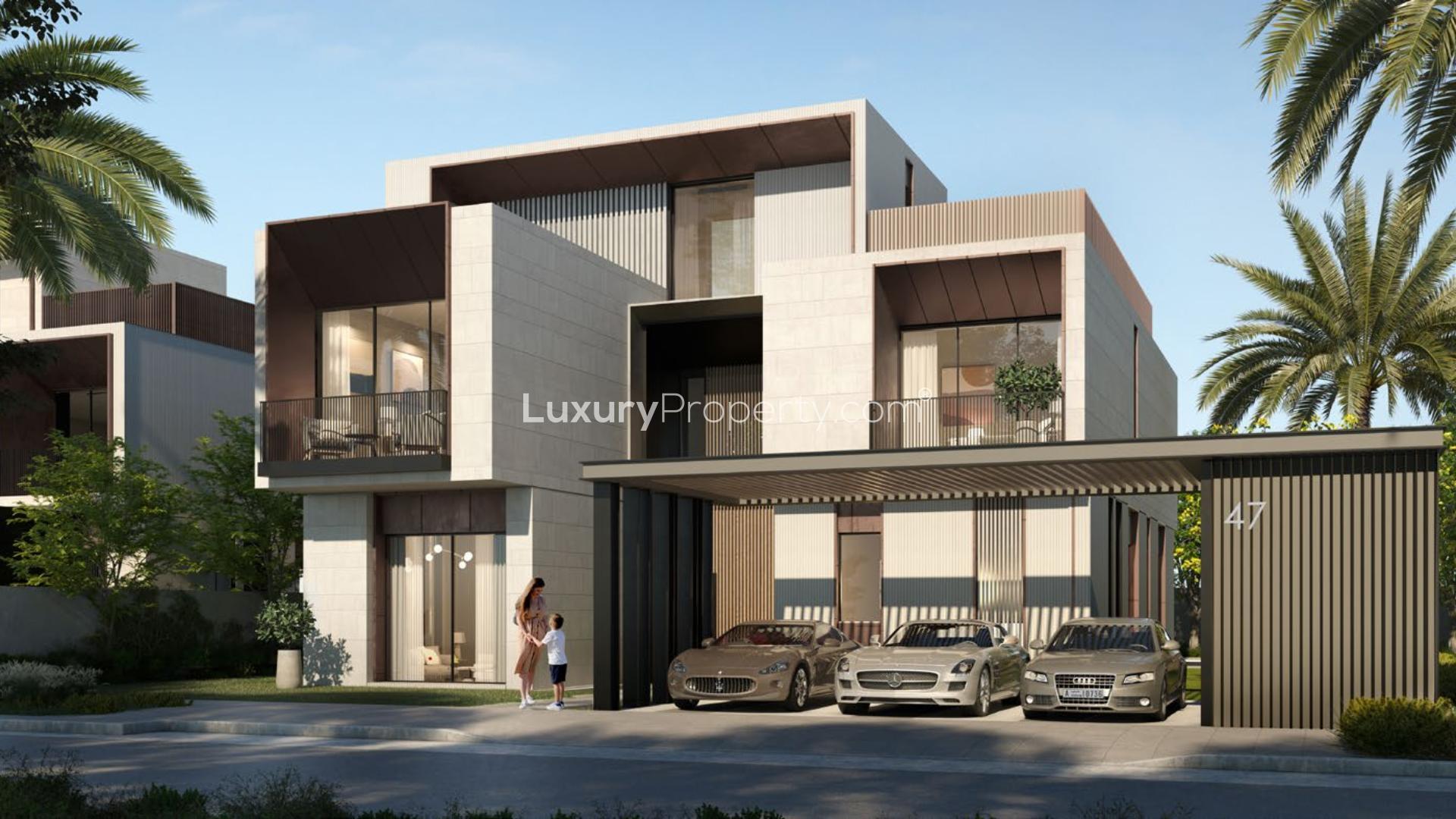 "Luxurious living room in Palm Hills villa, Dubai Hills Estate with modern decor and garden view.",Park-facing villa with modern design in Palm Hills, Dubai Hills Estate, for sale