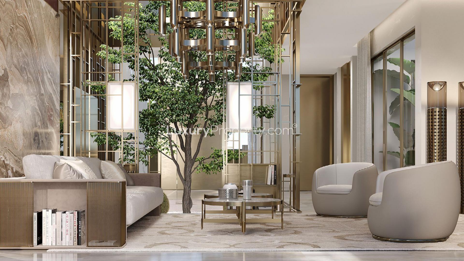 Luxurious villa with pool in Dubai Hills Estate's Palm Hills community at sunset