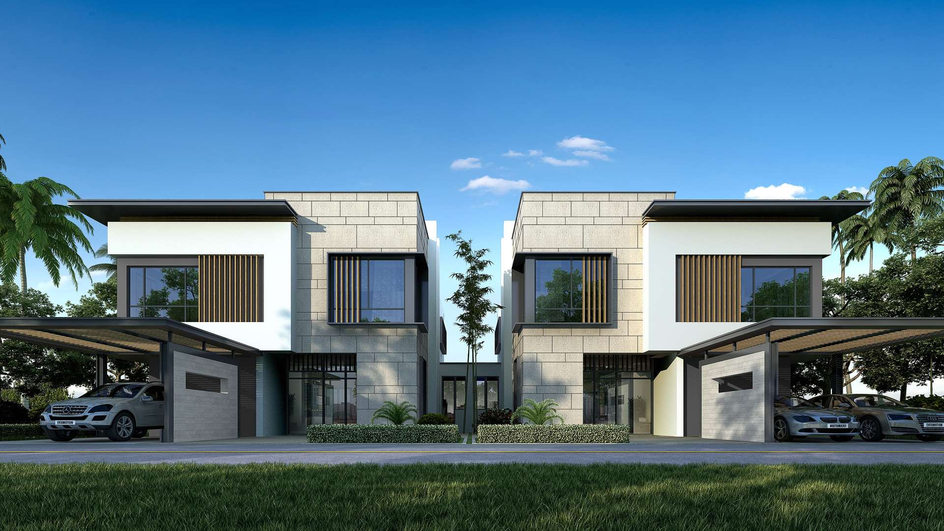 Modern five-bedroom villa exterior in Pearl Villa, Forest City, Malaysia, with lush landscaping