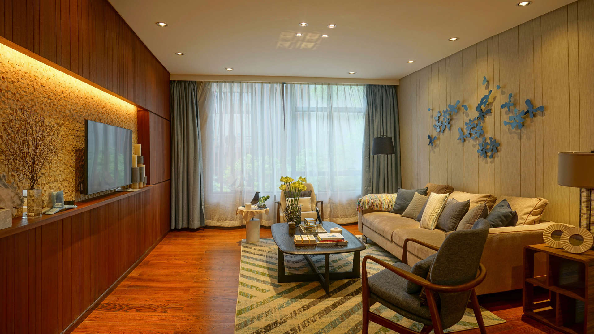 Sophisticated villa living room with ocean view in Pearl Villa, Forest City, Malaysia