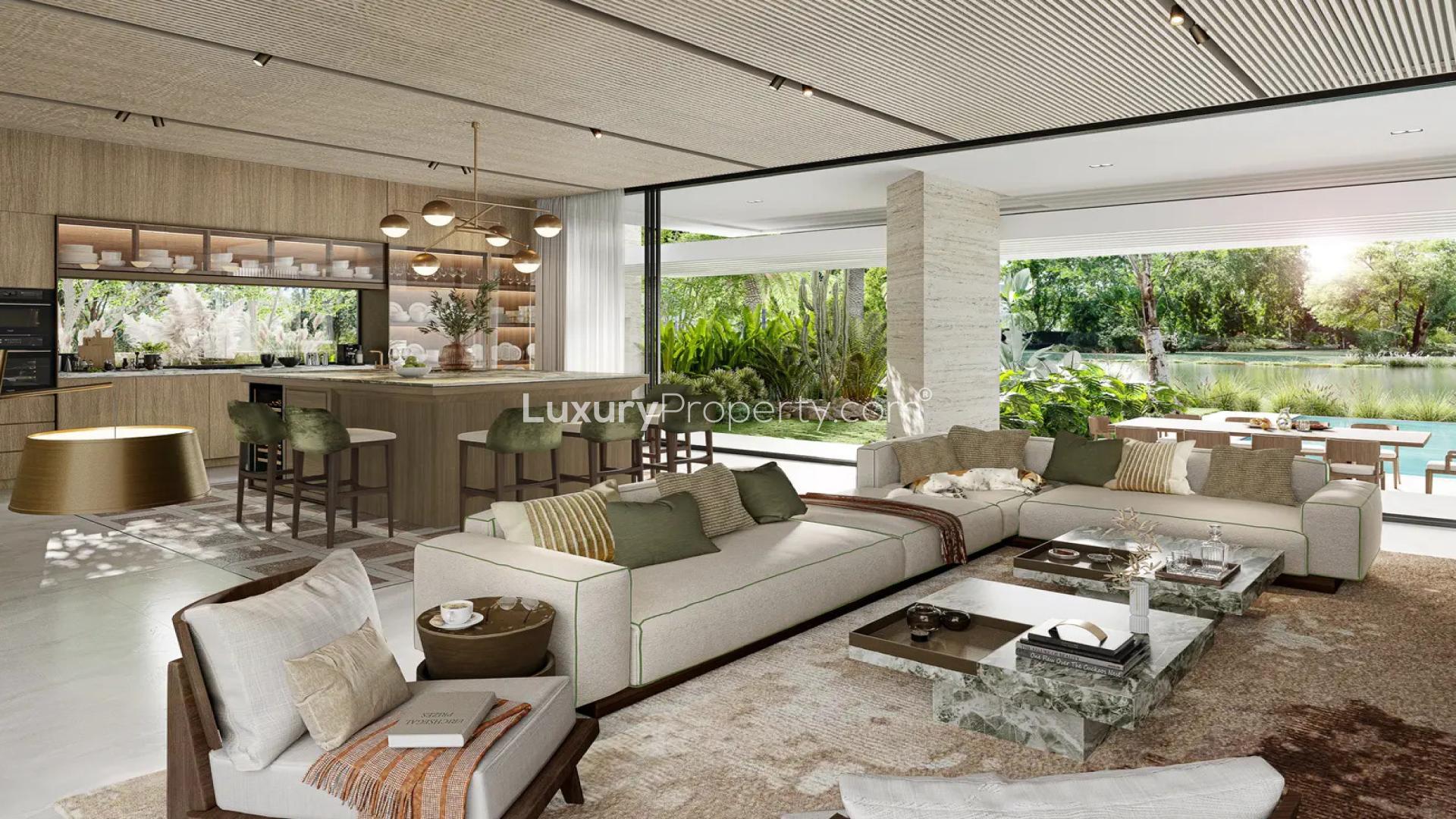 Luxurious outdoor living area with pool in Tilal Al Ghaf's Serenity Mansions, Dubai villa