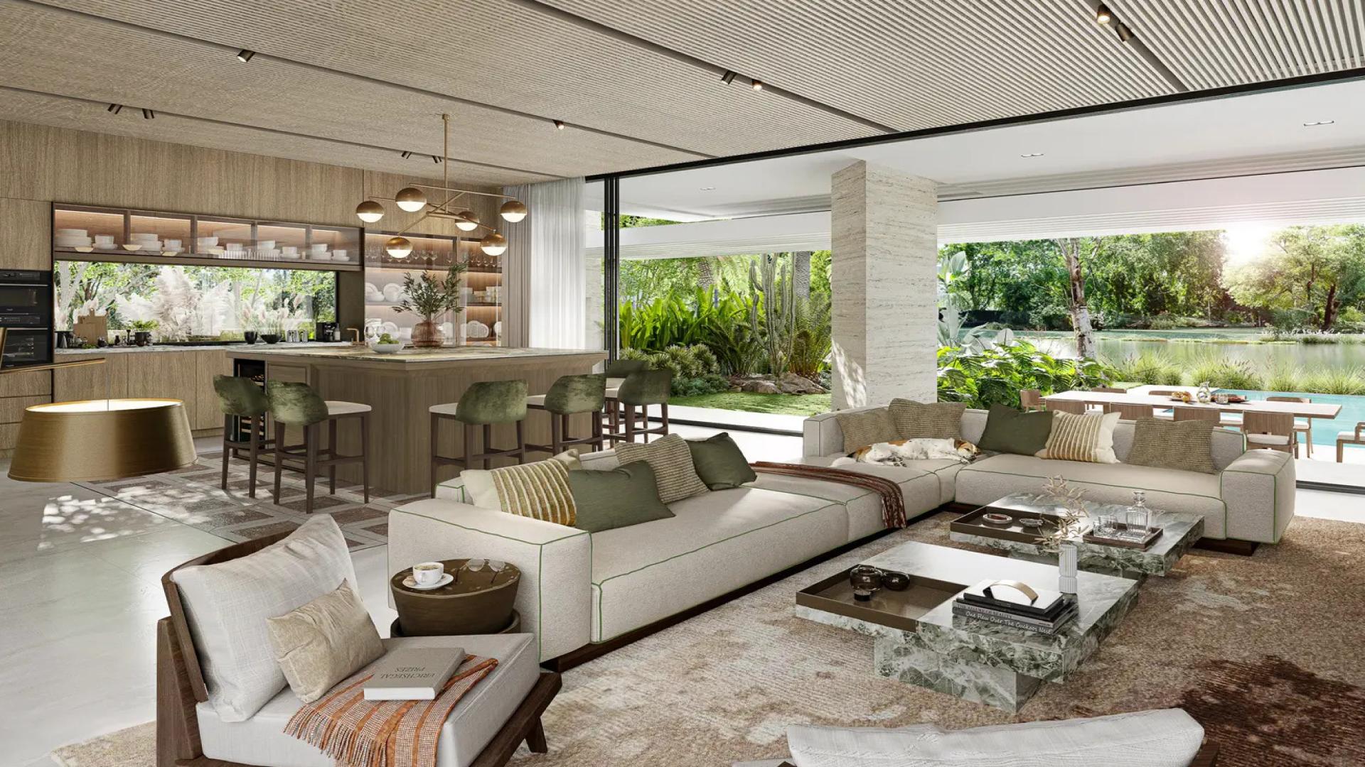 Luxurious outdoor living area with pool in Tilal Al Ghaf's Serenity Mansions, Dubai villa