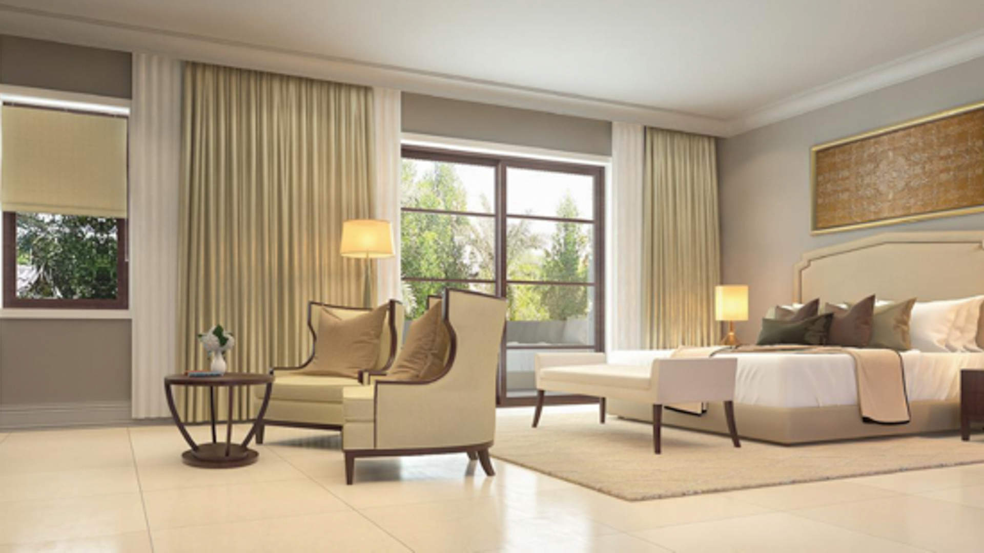 Luxurious bedroom in 5-bedroom Rasha Villa, Arabian Ranches 2, with elegant decor and seating