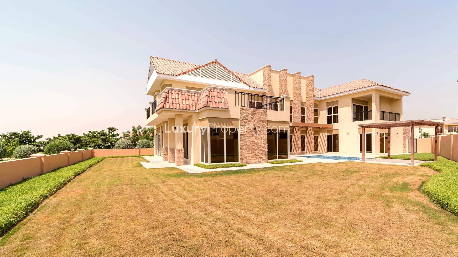 Mediterranean five-bedroom villa exterior at Sienna Views, Jumeirah Golf Estates, for sale