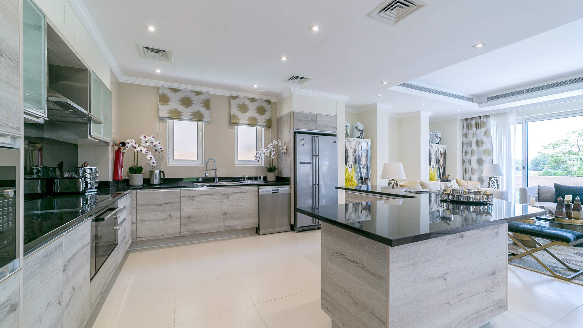 Open-plan living area in five-bed villa, Sienna Views, Jumeirah Golf Estates. Bright and spacious