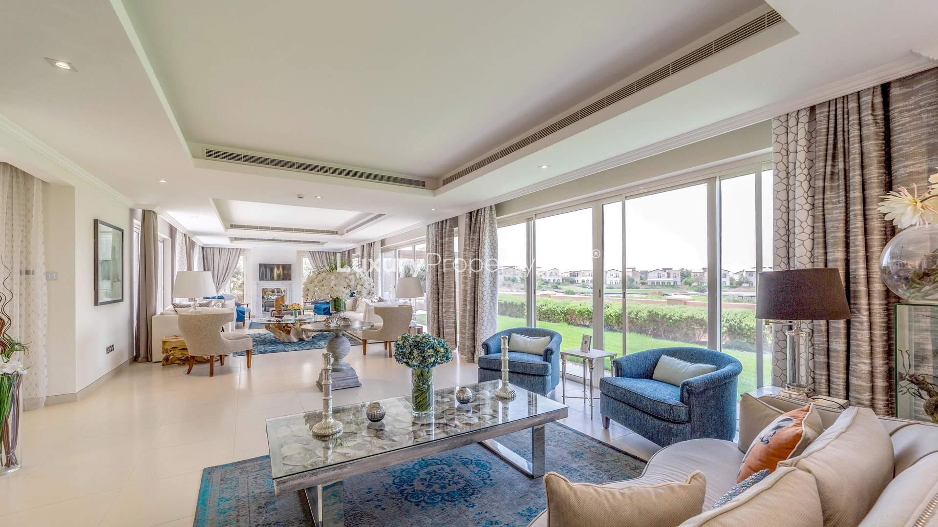 Luxurious living room in Sienna Views villa, Jumeirah Golf Estates, with elegant decor and furniture