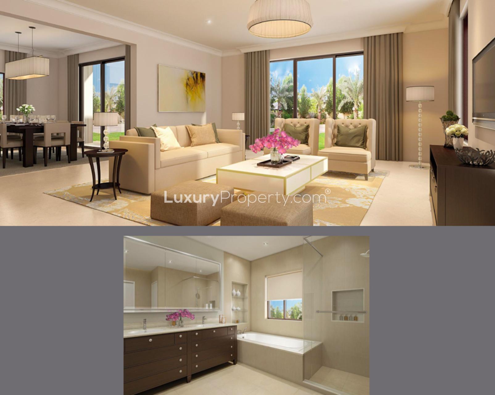 Luxurious bedroom in 5-bedroom villa, Samara Arabian Ranches, featuring elegant furnishings and decor