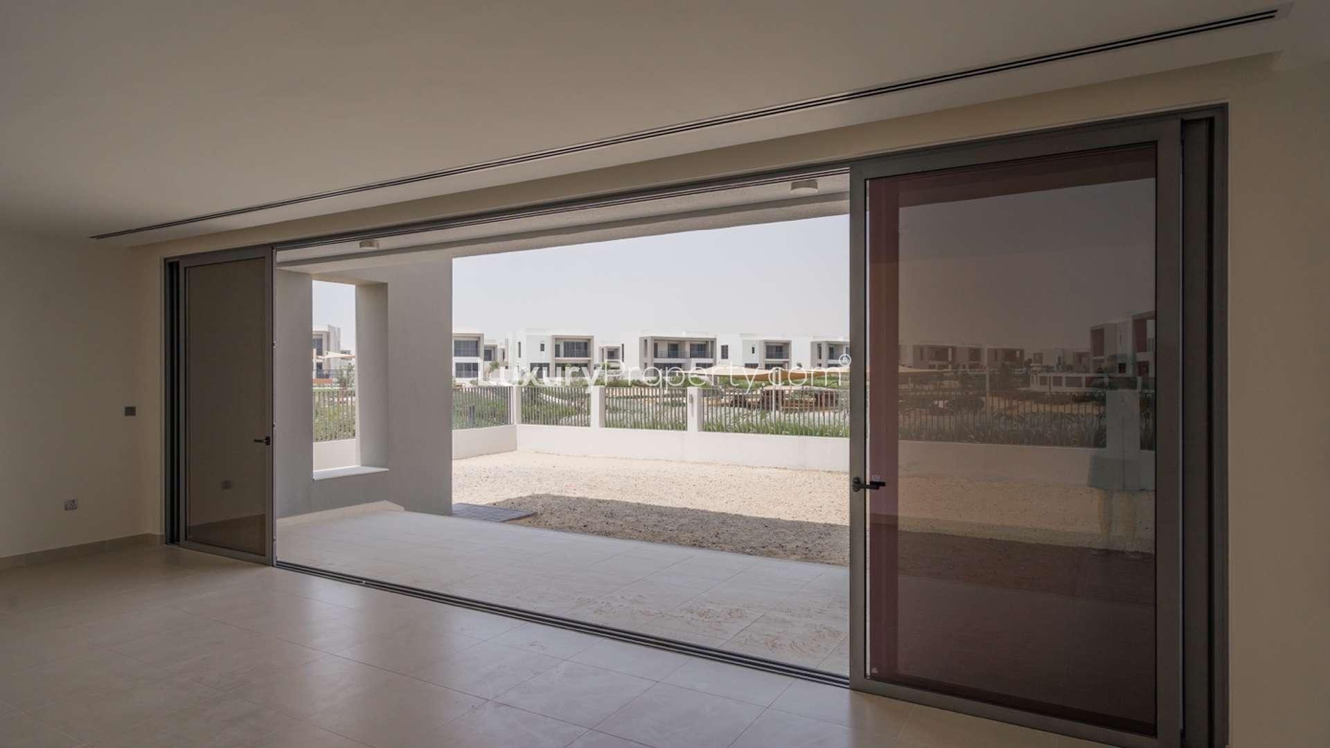 Open view from villa in Sidra, Dubai Hills Estate with park and modern architecture