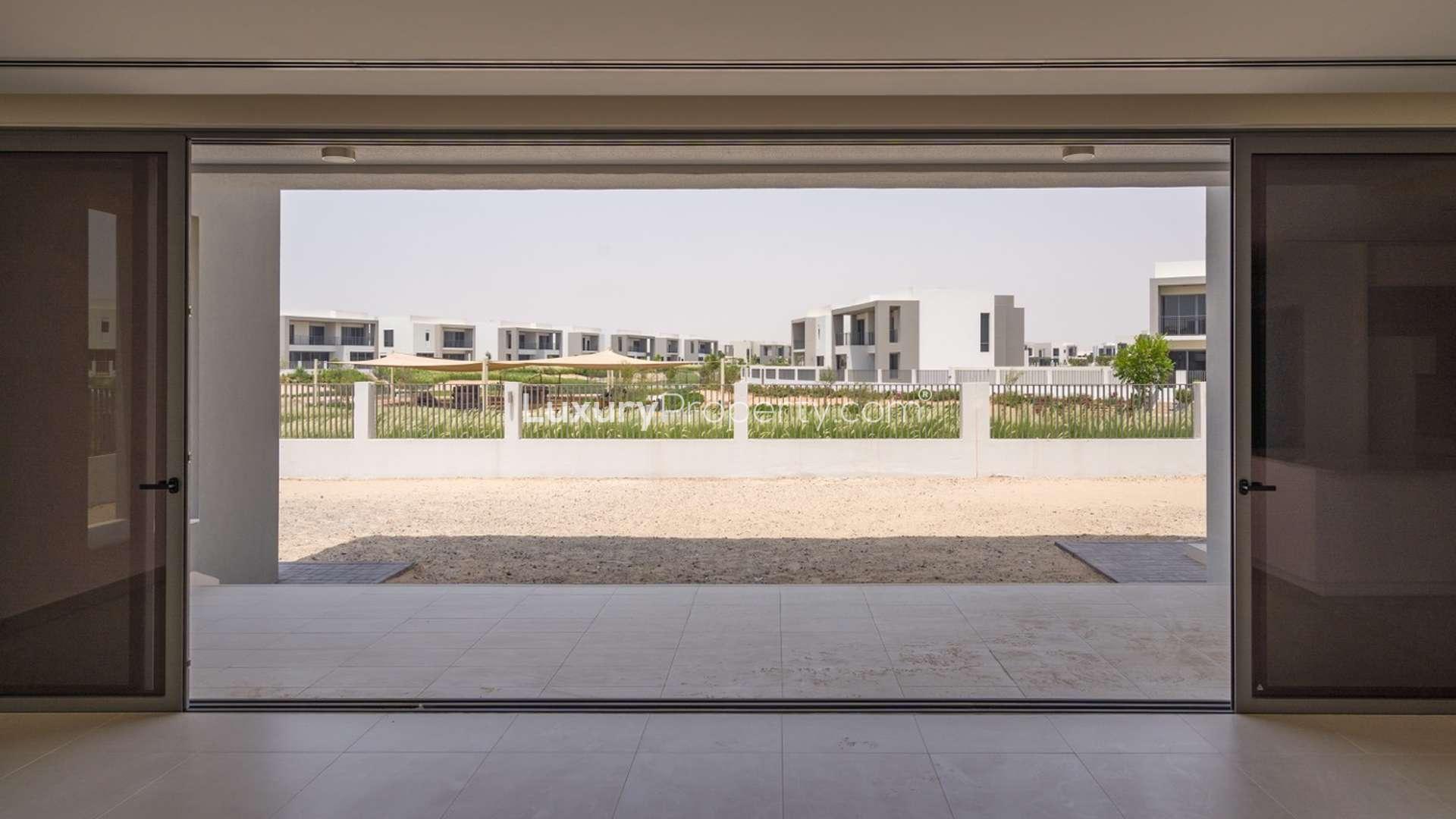Modern 5-bedroom villa exterior in Sidra, Dubai Hills Estate, corner plot with park view