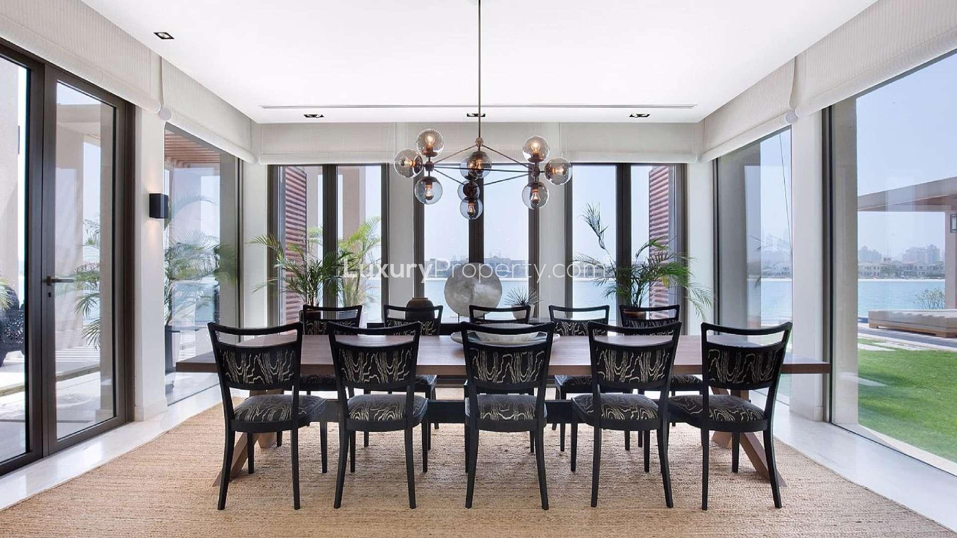 Elegant living room in beachfront villa at Palm Jumeirah, Dubai, showcasing modern decor