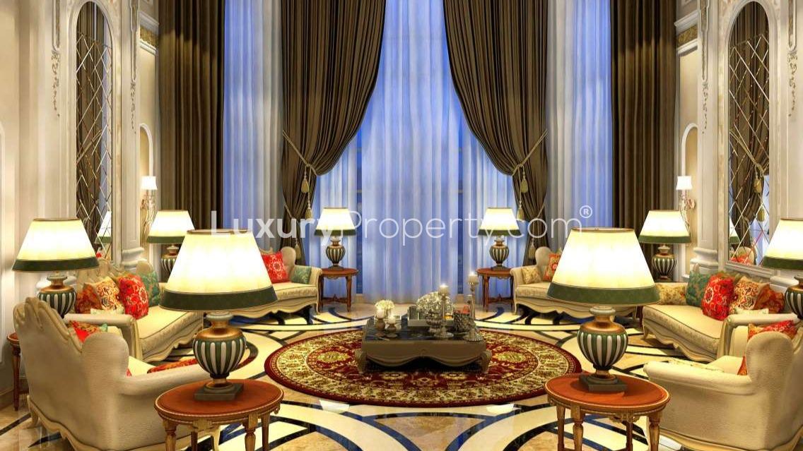 Luxurious living room in 5-bedroom villa, Palm Jumeirah, Dubai, elegant furnishings and decor
