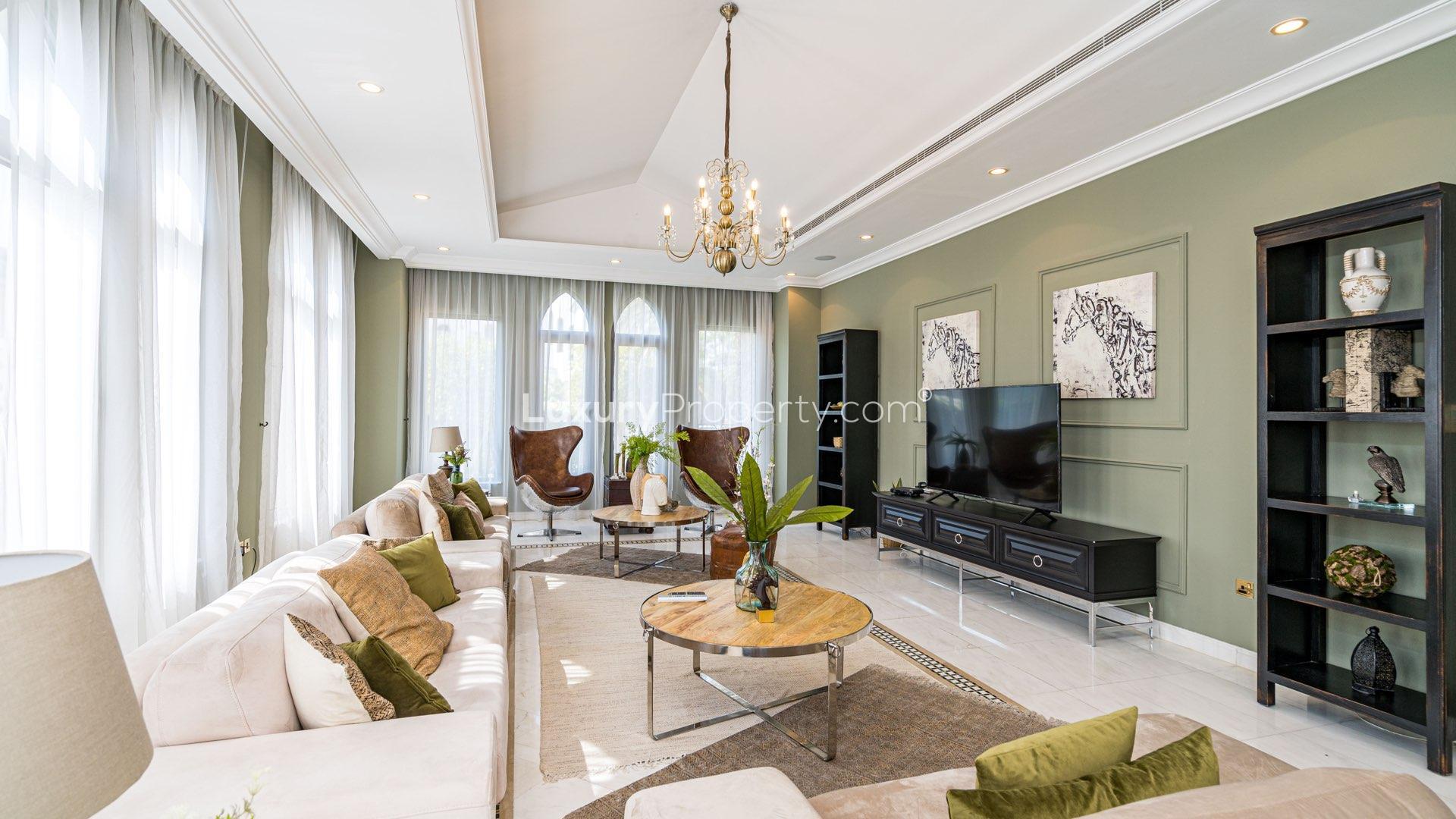 Luxurious living room in fully furnished villa, Palm Jumeirah, with elegant decor and furniture