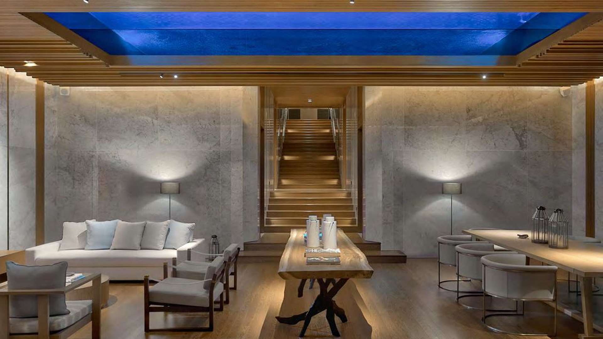 Luxurious living room in Zil Pasyon Villa, Seychelles with modern decor and elegant lighting