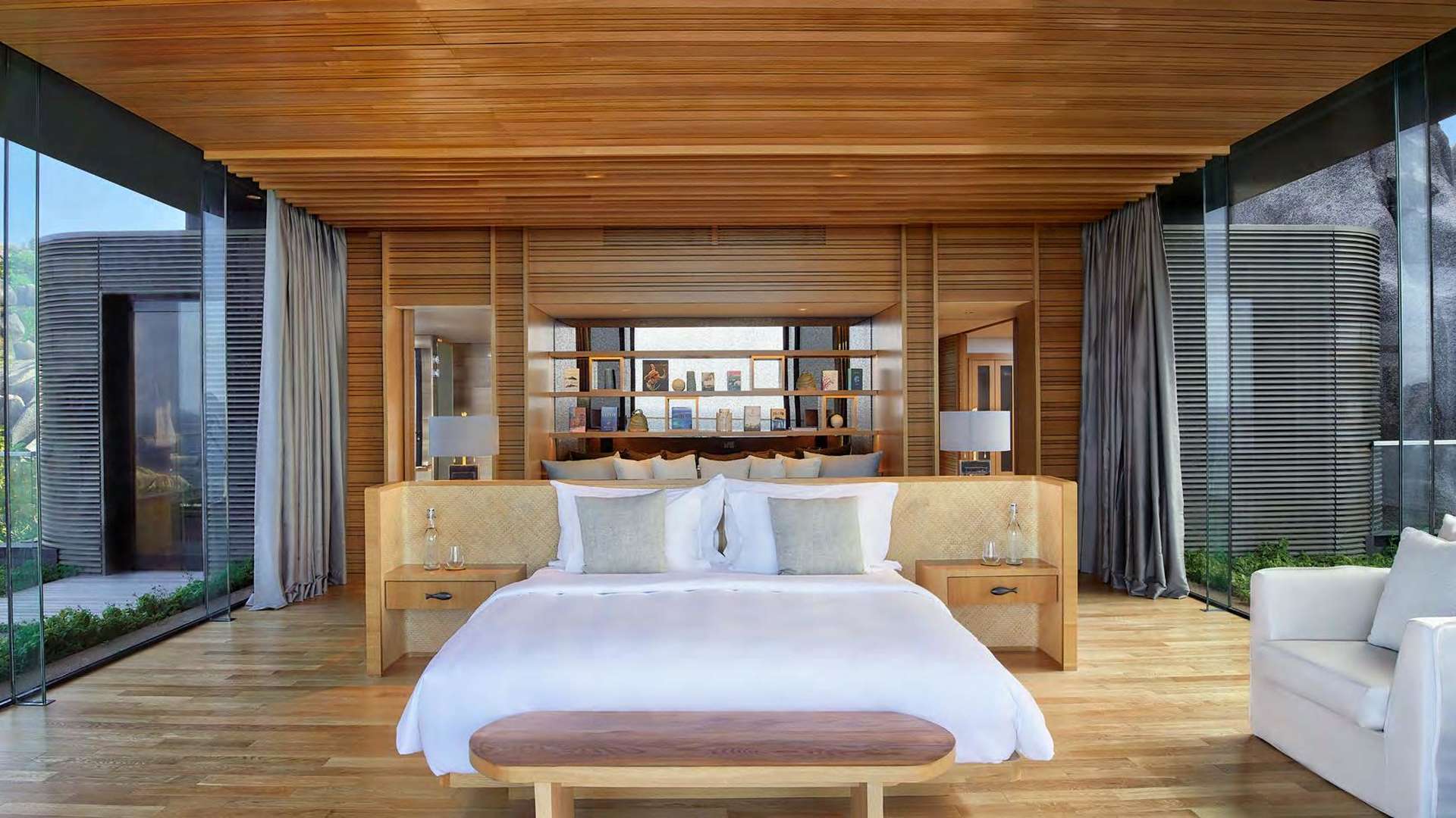 Luxurious bedroom in unique villa at Six Senses, Felicite Island, Seychelles