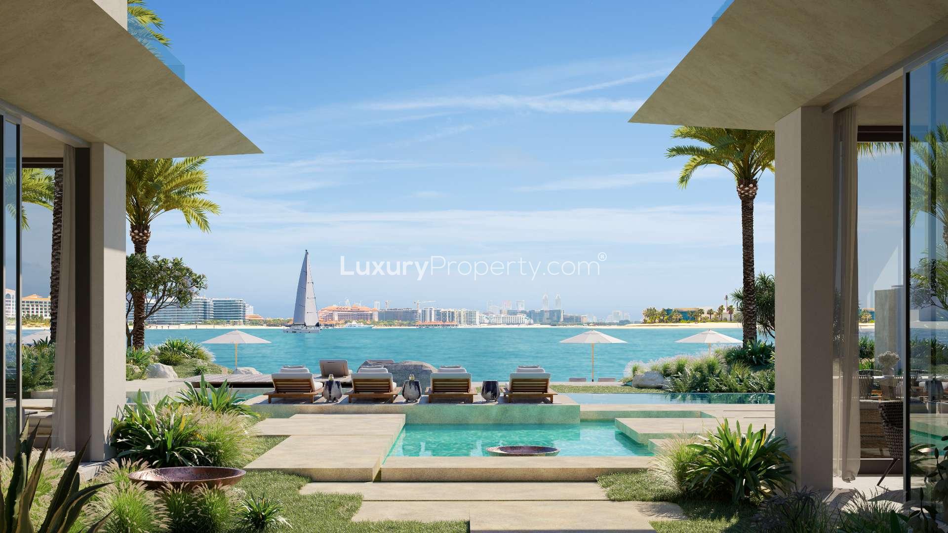 Luxurious bedroom with panoramic sea view in Palm Jumeirah villa, Six Senses Residences