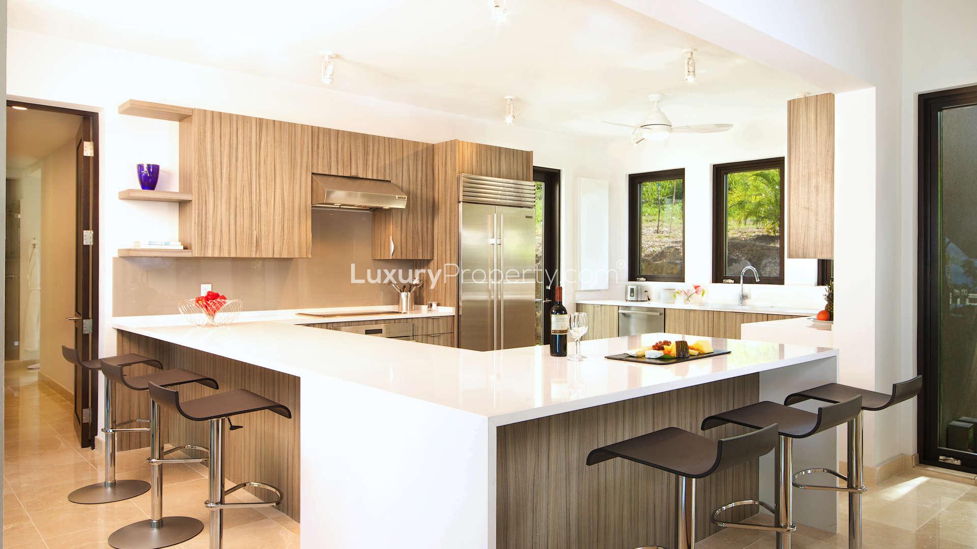 Modern living room in Nevis Estate Villas, featuring elegant decor and open kitchen design