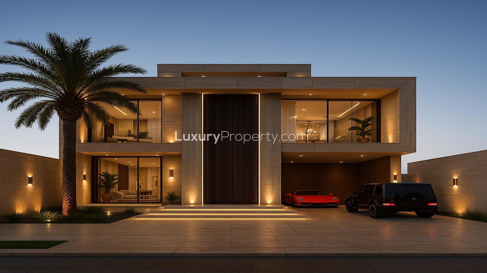 Custom-Built Asora Bay Waterfront Villa exterior with modern architecture, Jumeirah, for sale
