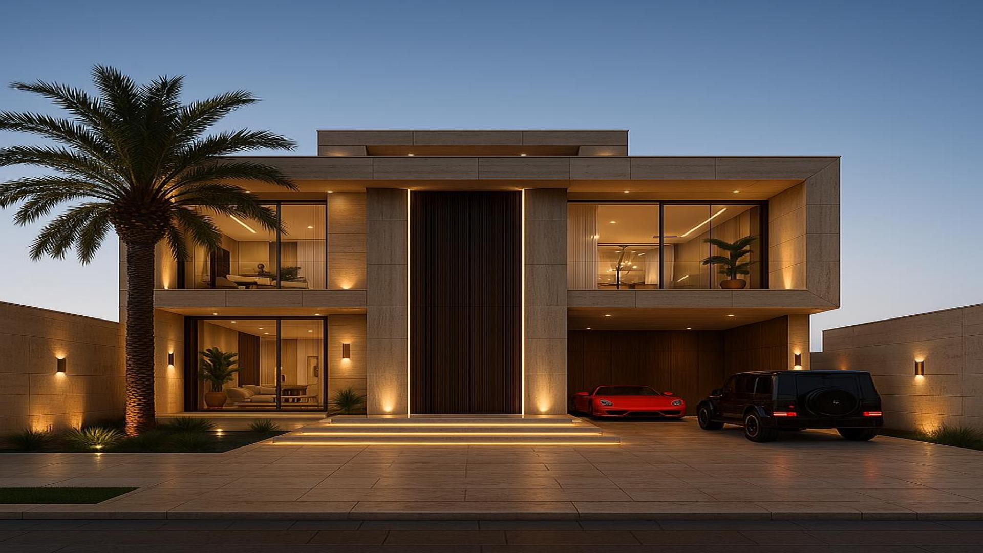 Custom-Built Asora Bay Waterfront Villa exterior with modern architecture, Jumeirah, for sale