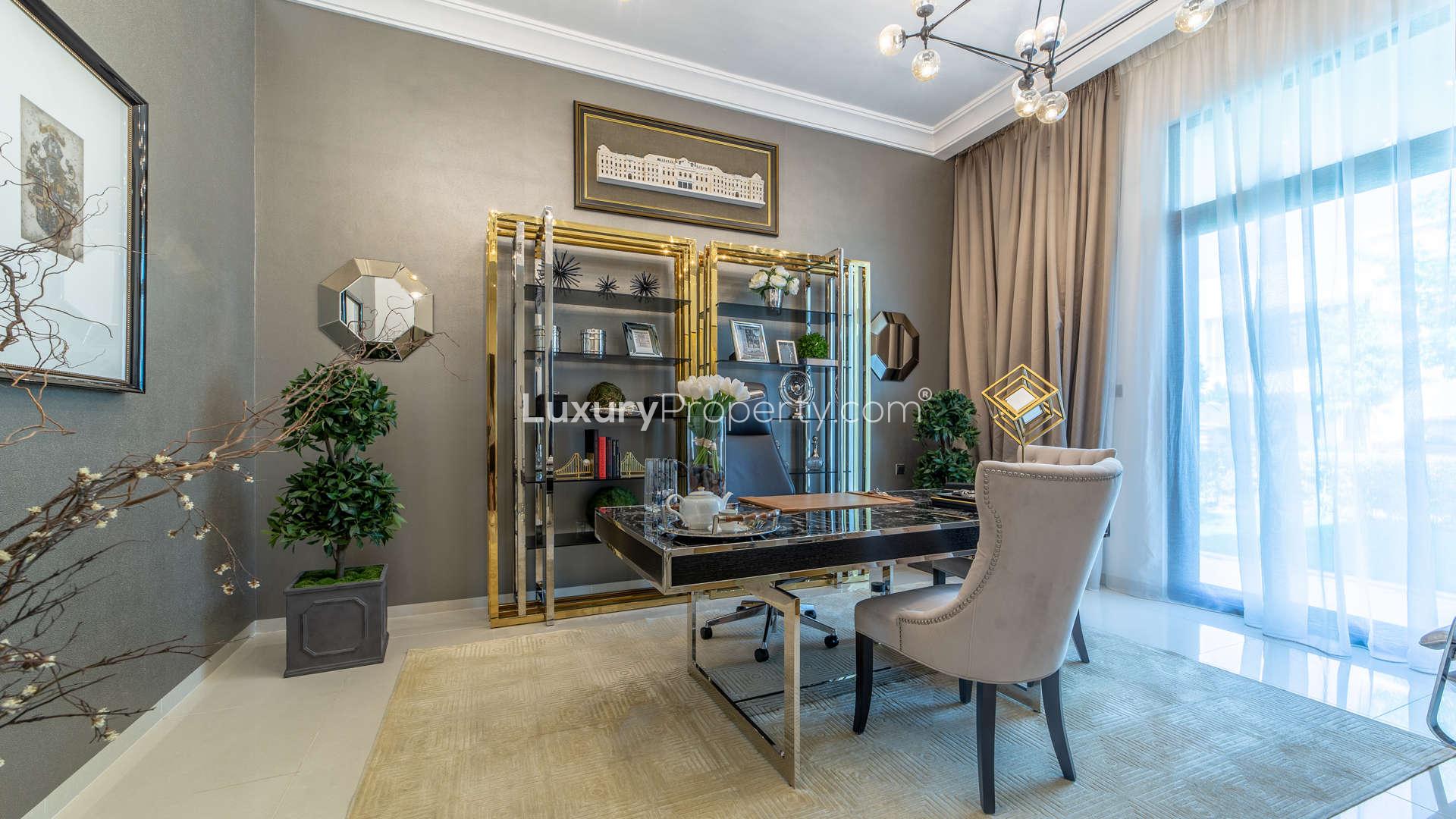 Luxurious living room in 5-bedroom villa, Flora, Damac Hills, featuring elegant decor and furniture