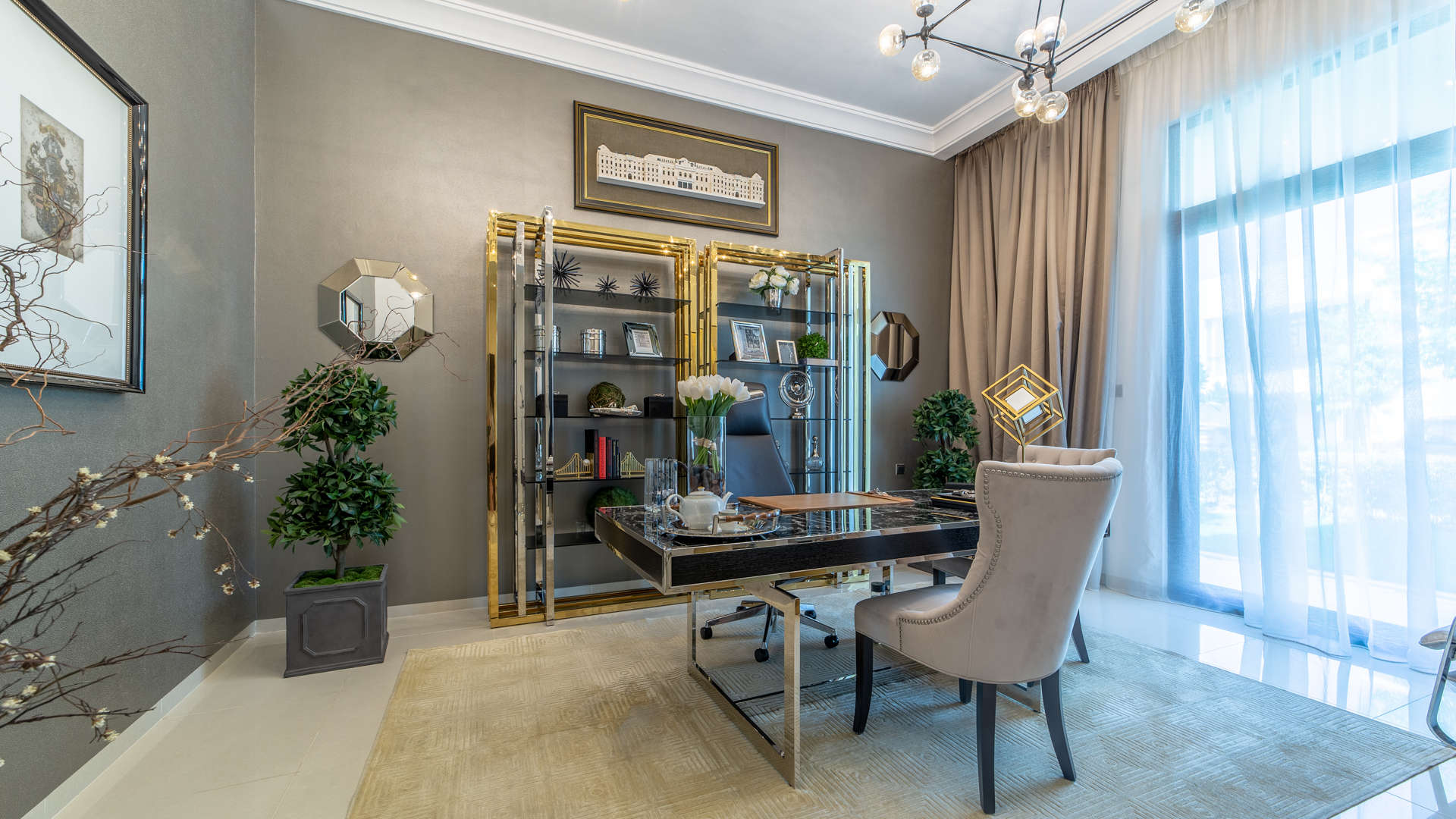 Luxurious living room in 5-bedroom villa, Flora, Damac Hills, featuring elegant decor and furniture