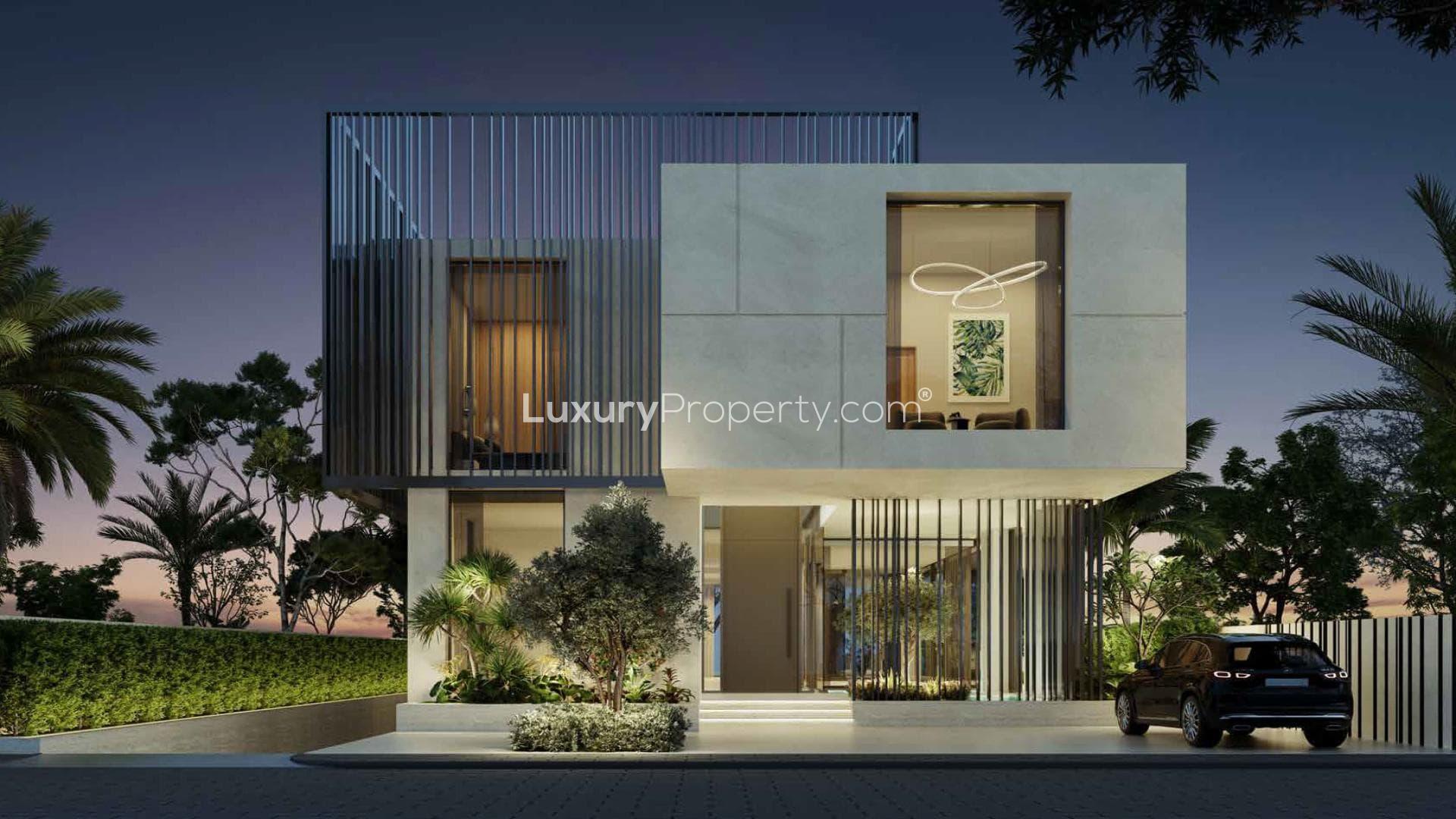 Luxurious living room in 5-bedroom villa, Utopia DAMAC Hills, featuring elegant modern decor