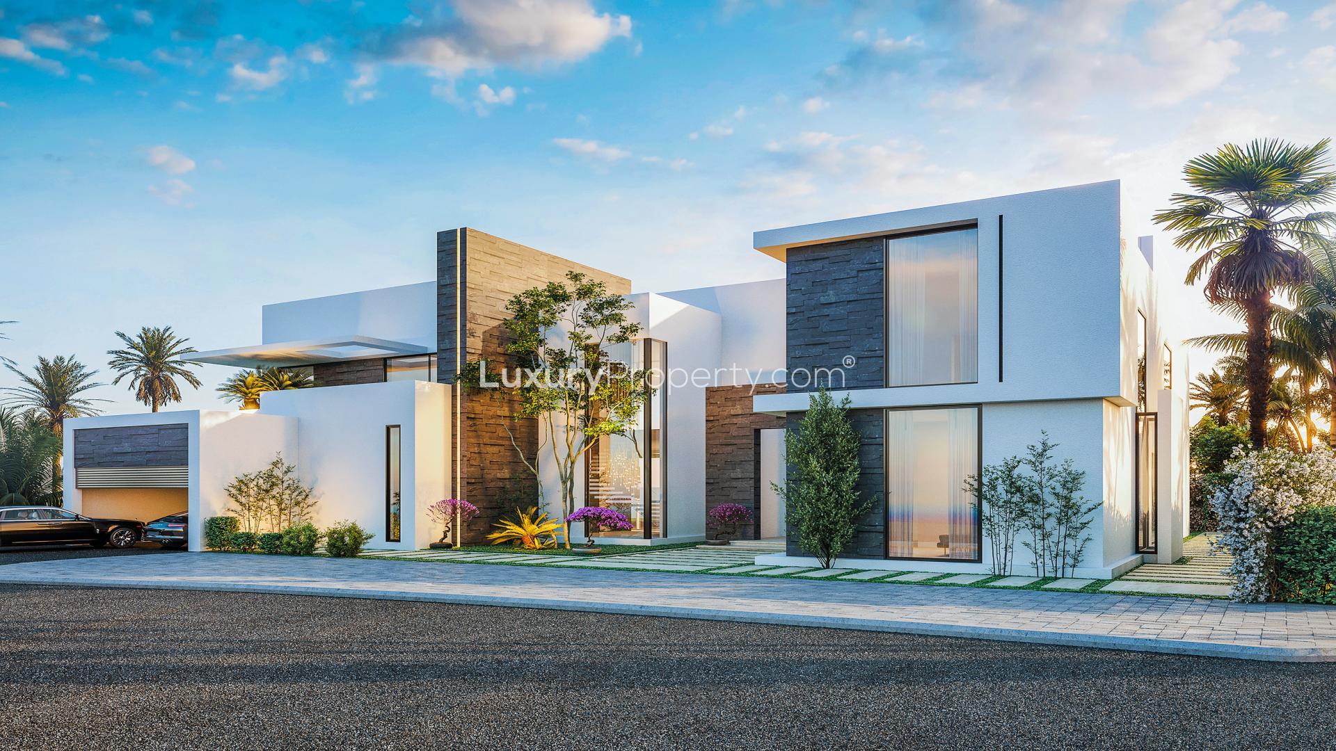 Luxurious modern 5-bedroom villa exterior in Al Barari's The Nest community, for sale