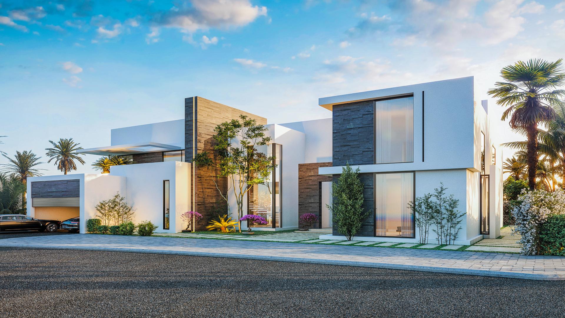 Luxurious modern 5-bedroom villa exterior in Al Barari's The Nest community, for sale