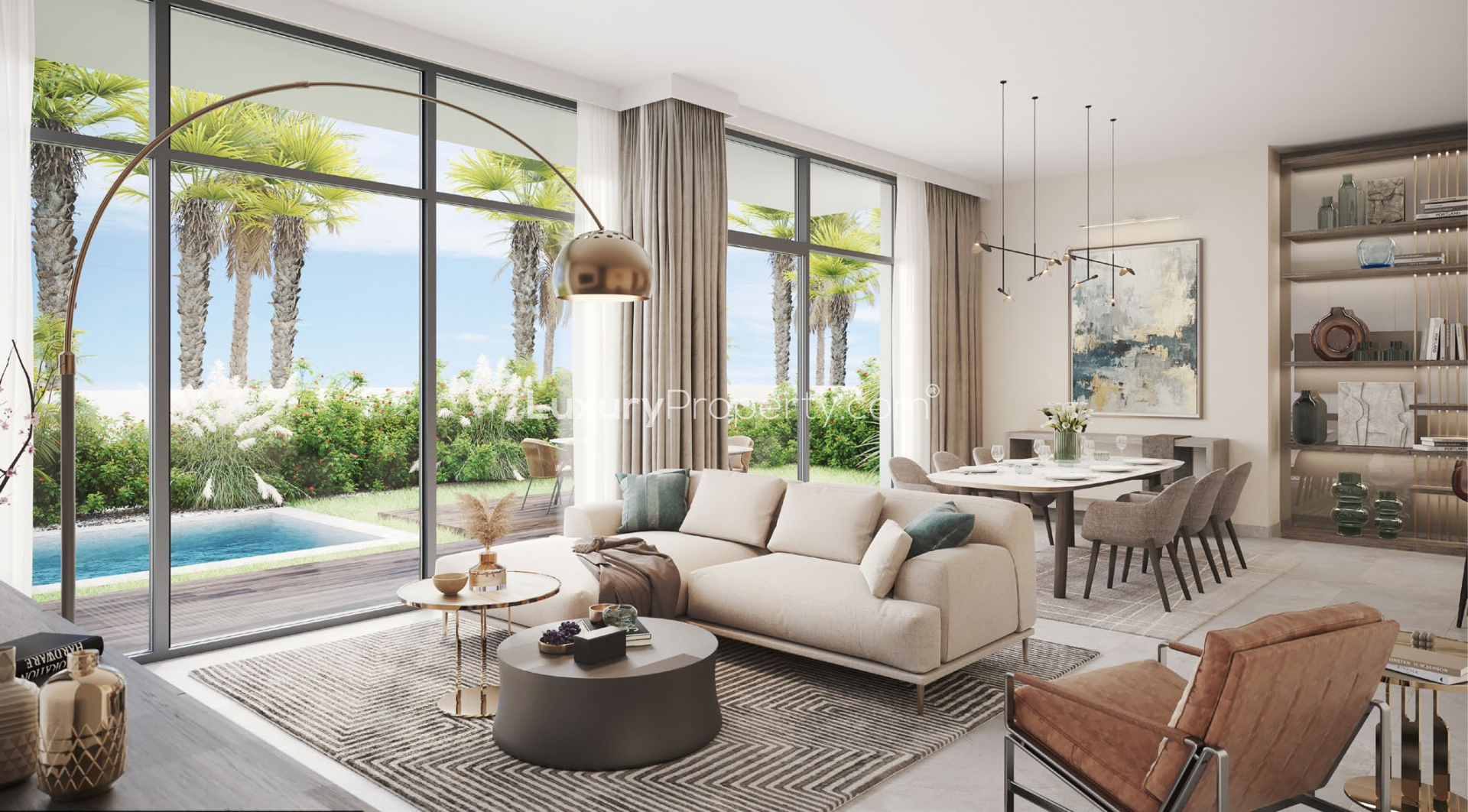 Luxurious living room in 5-bedroom villa, Tilal Al Furjan, Dubai, with pool view