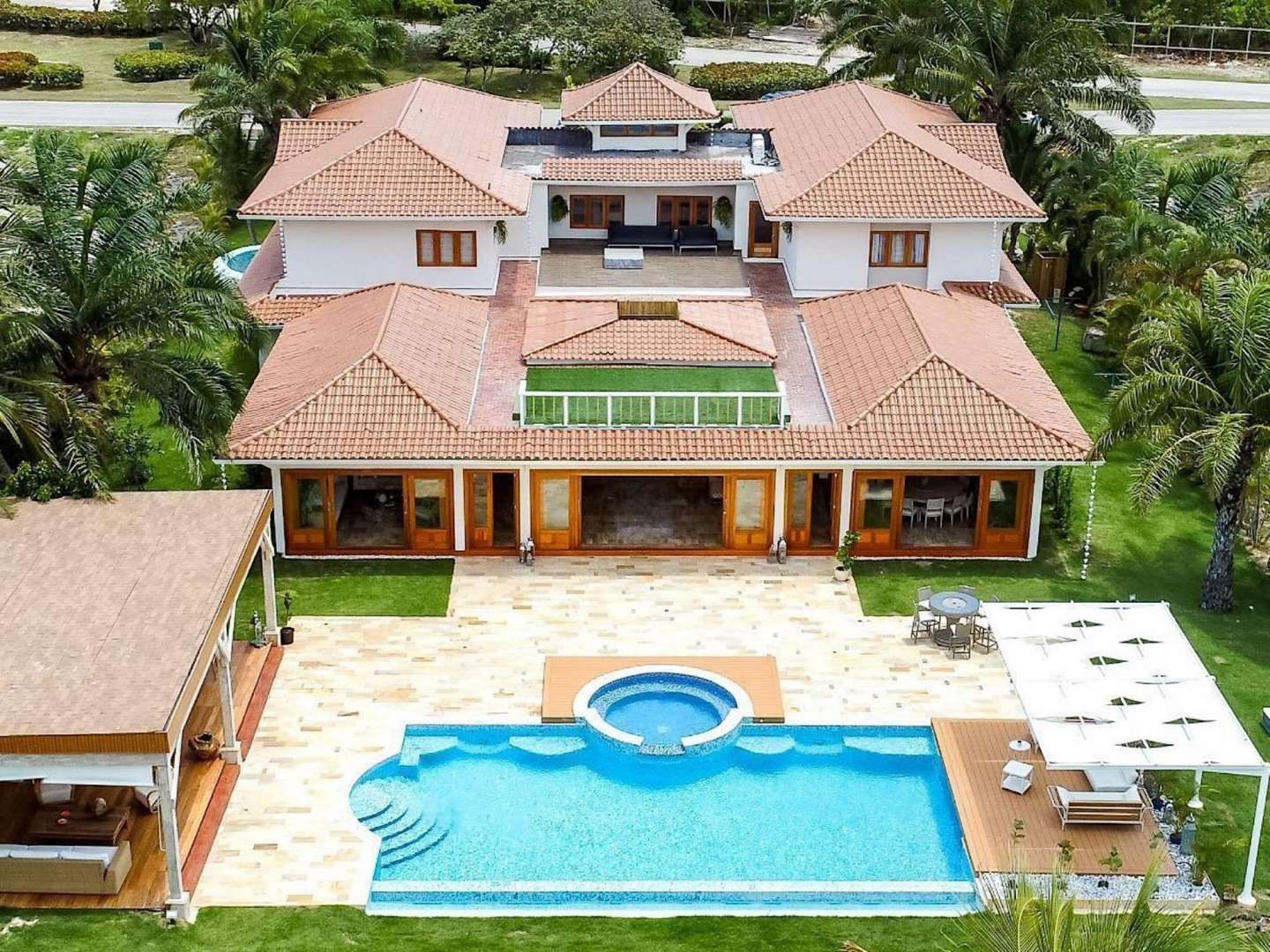 Aerial view of luxury villa with pool in Punta Cana, Cap Cana, Caribbean