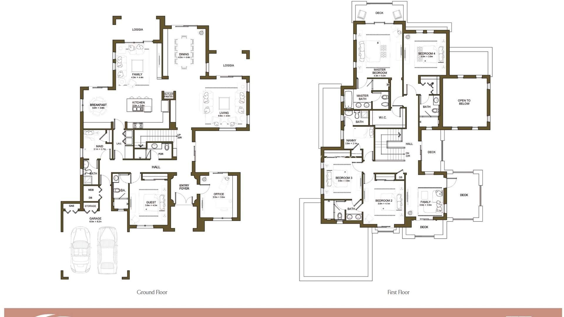 "Yasmin sign at Arabian Ranches 2, highlighting luxury villa community for sale.",Floorplan of five-bedroom villa in Yasmin, Arabian Ranches 2, featuring spacious layout