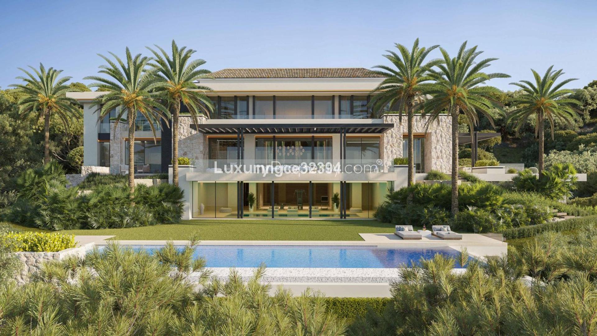 Luxurious 8-bedroom villa exterior with terrace, palm trees, in La Zagaleta, Benahavís