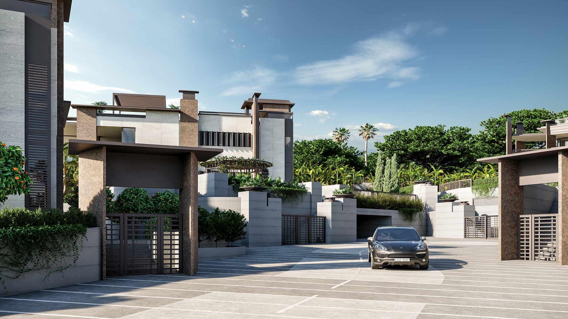 Luxury villa exterior in gated Marbella community, surrounded by palm trees and modern architecture