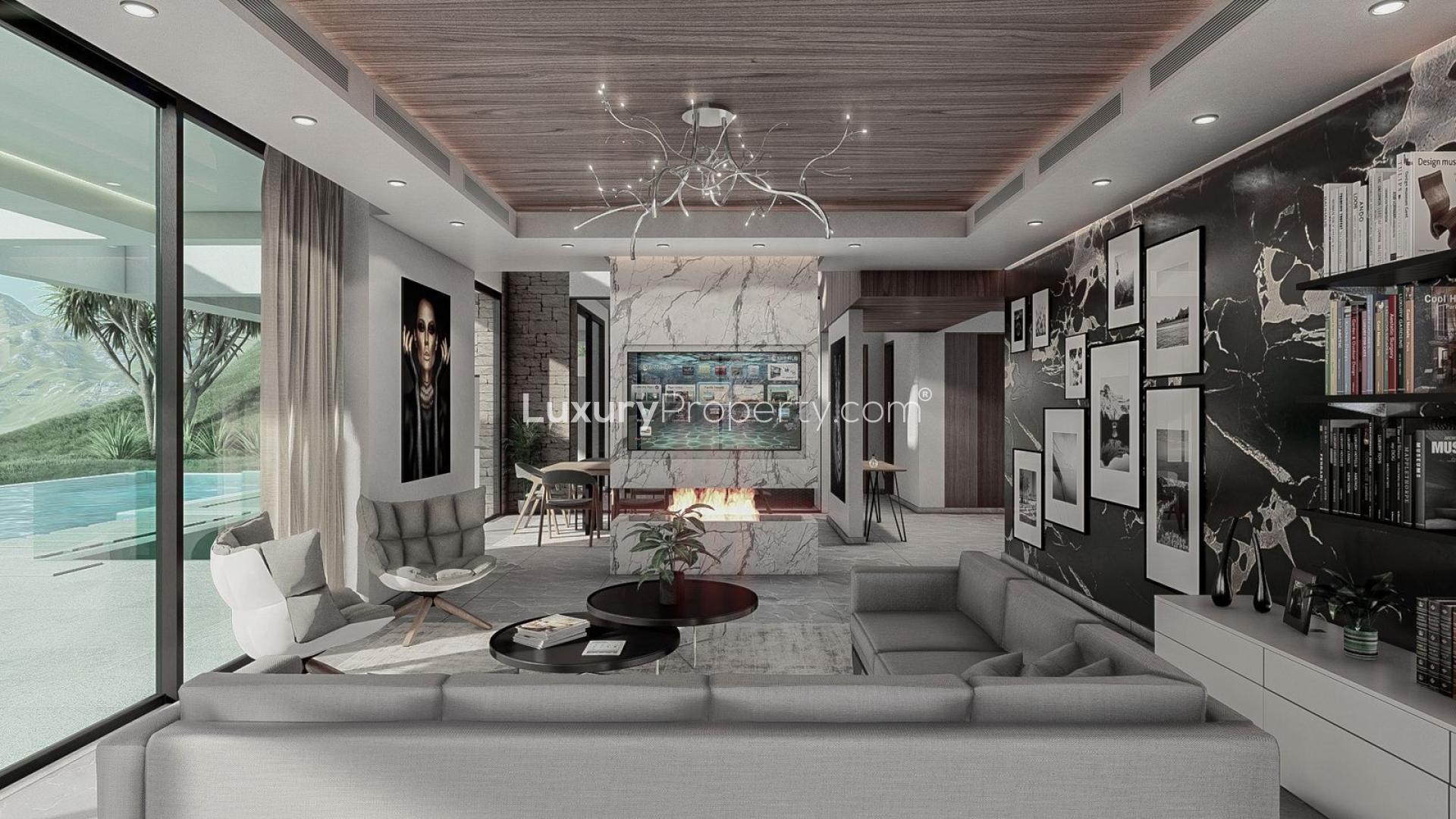 Modern luxury villa in La Alquería with pool, sleek design, and palm tree view