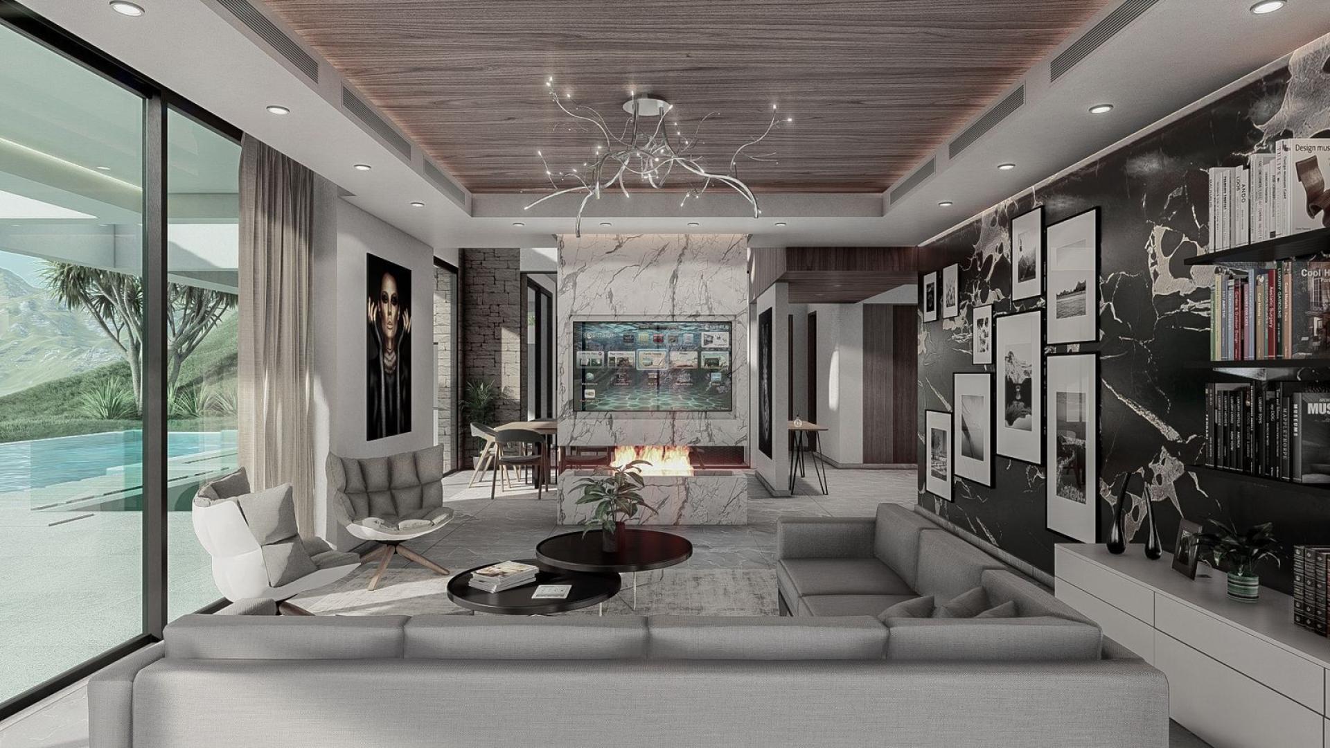 Modern luxury villa in La Alquería with pool, sleek design, and palm tree view