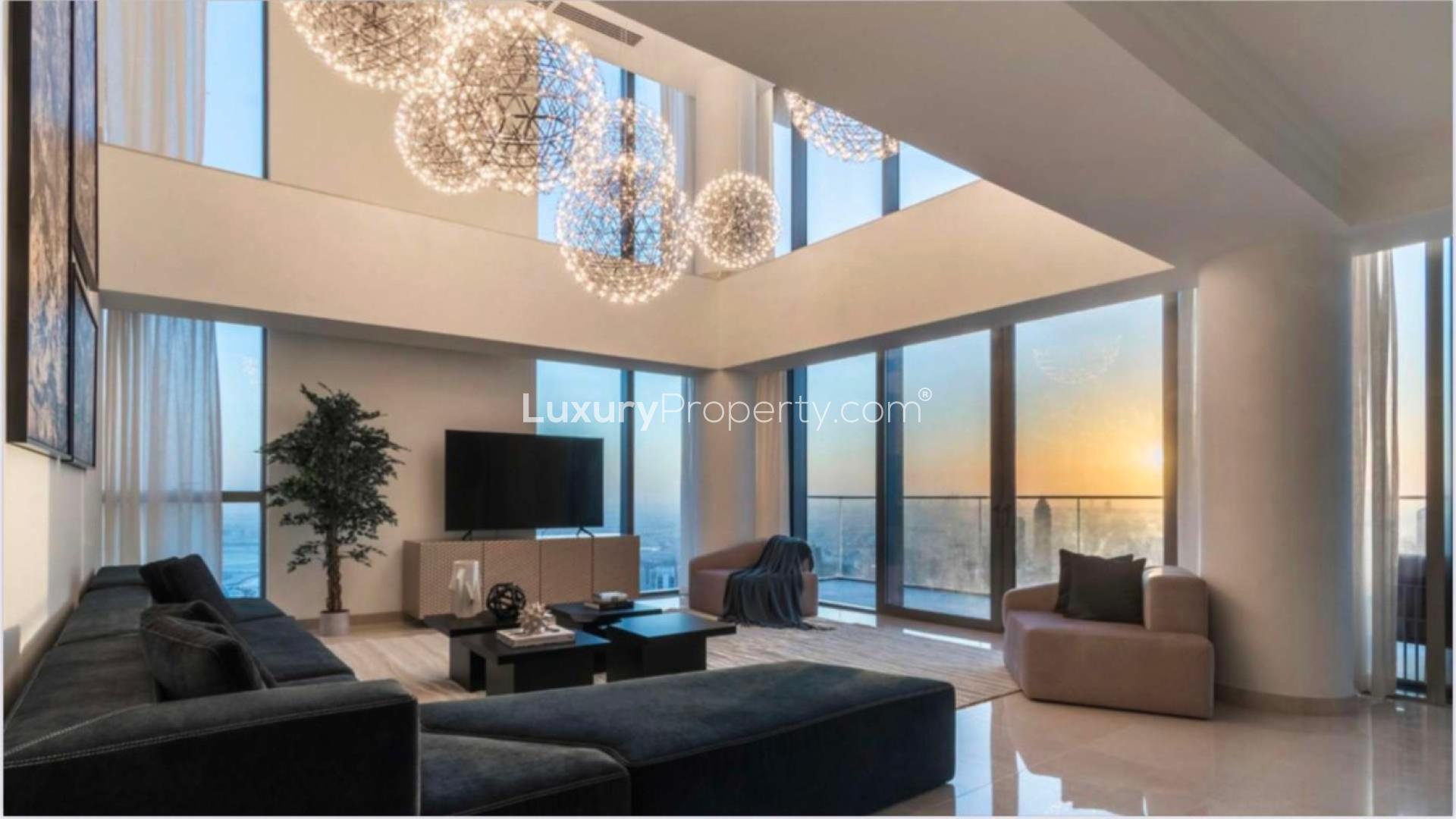 Luxurious living room in three-floor penthouse, Boulevard Point, Downtown Dubai with city views
