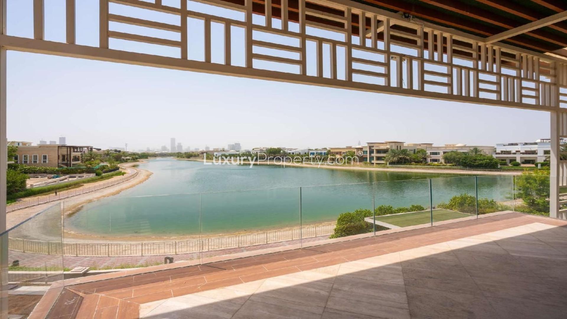 Luxurious living room in Fendi Mansion, Emirates Hills with elegant decor and lake view