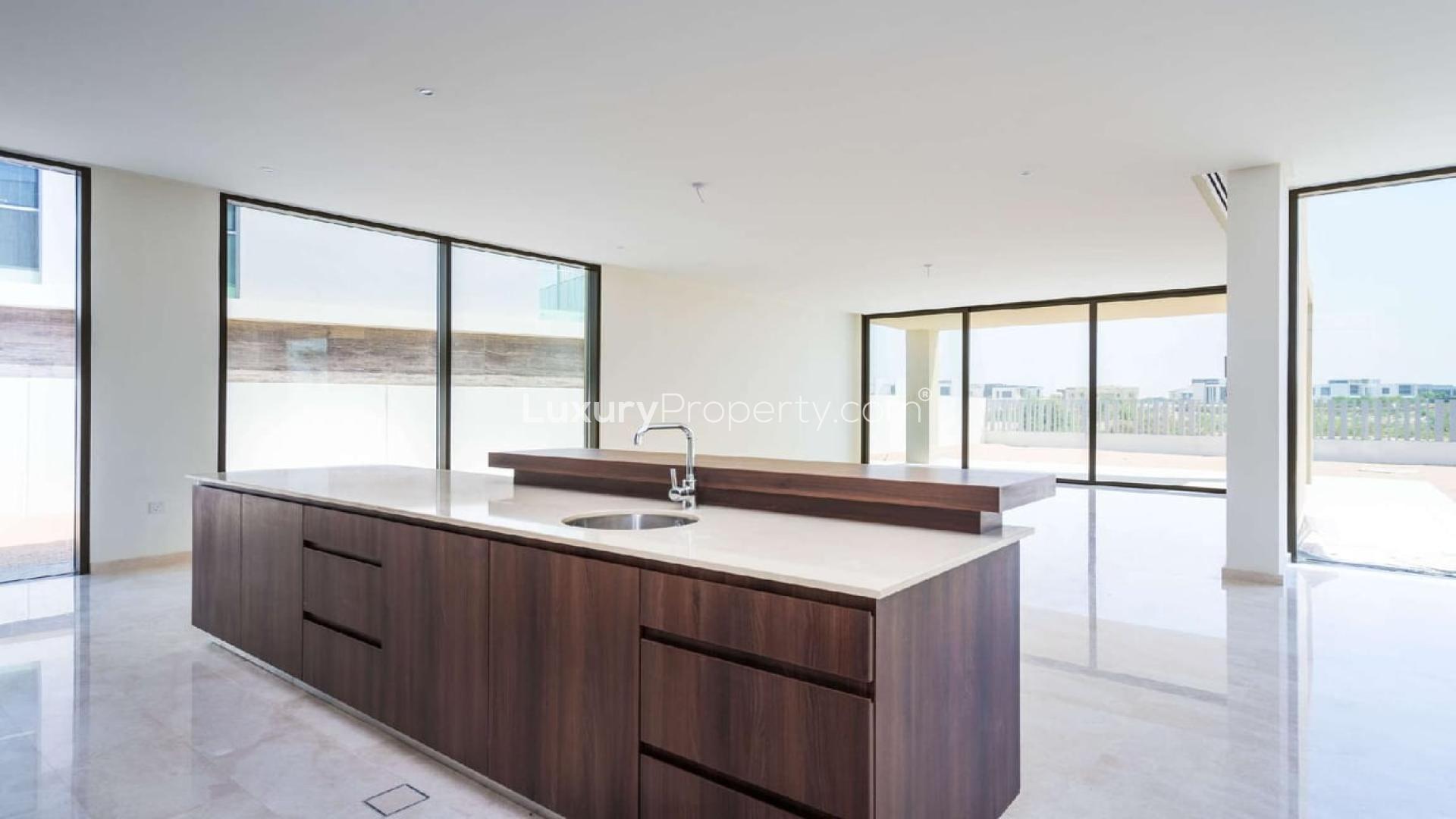 Contemporary 6-bedroom villa exterior in Fairway Vistas, Dubai Hills Estate, for rent