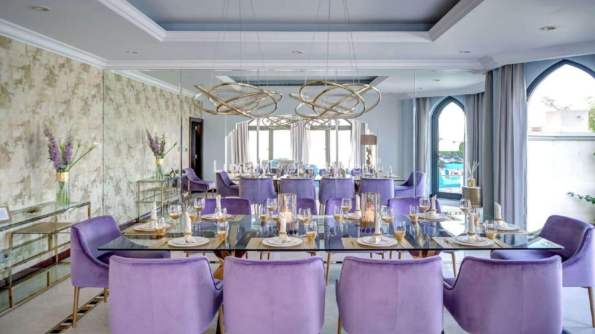 Luxurious living room in Mediterranean villa, Palm Jumeirah, with pool and garden view