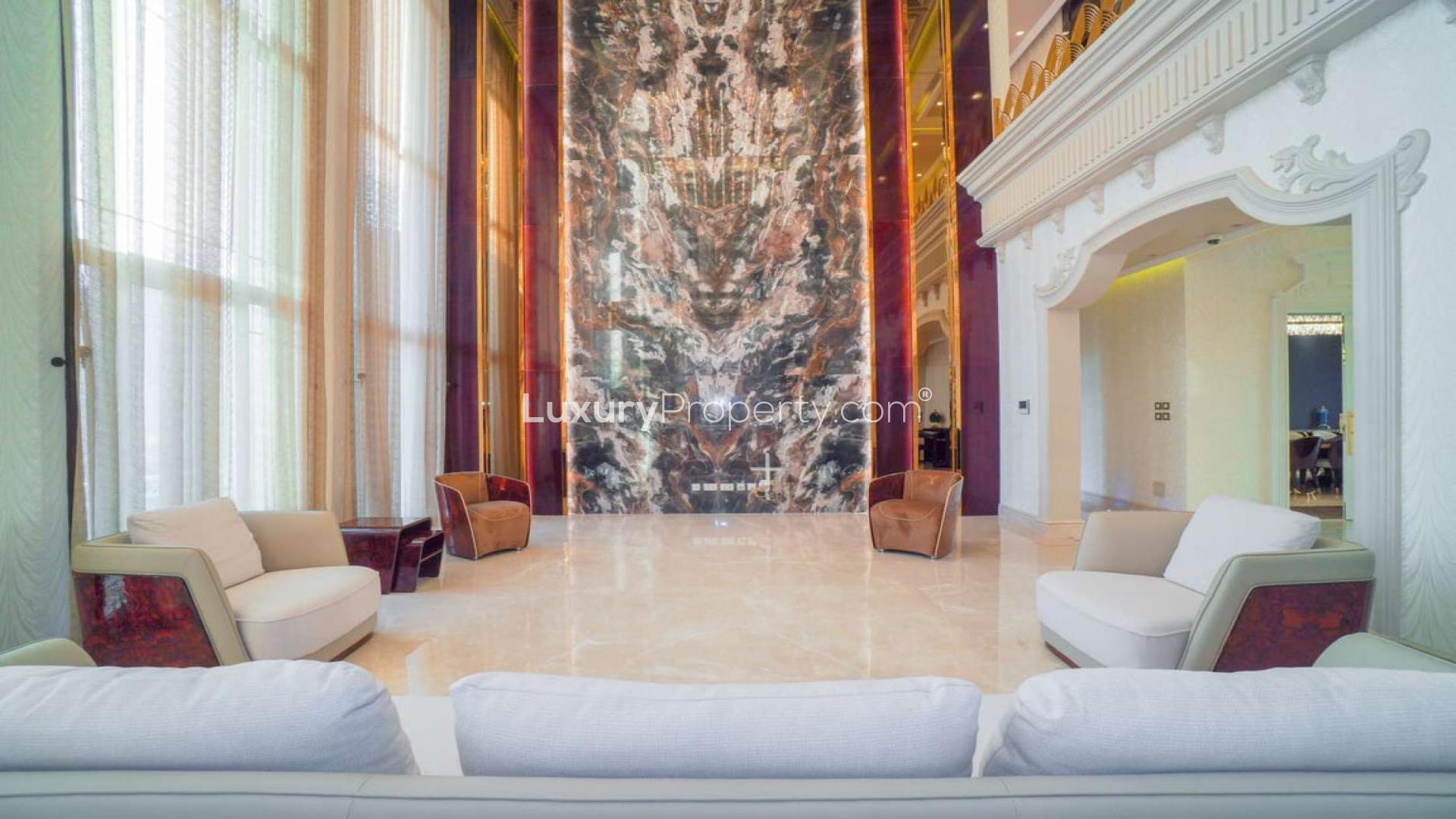 Luxury six-bedroom villa exterior in Nad Al Sheba 4 with private pool for rent