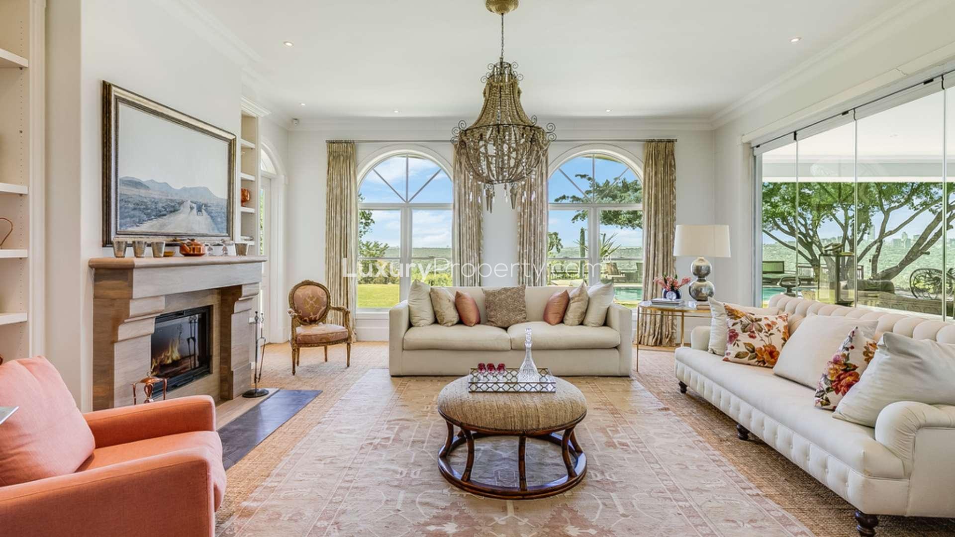 Aerial view of 6-bedroom Georgian manor with solar panels on Mount Street, Sandton