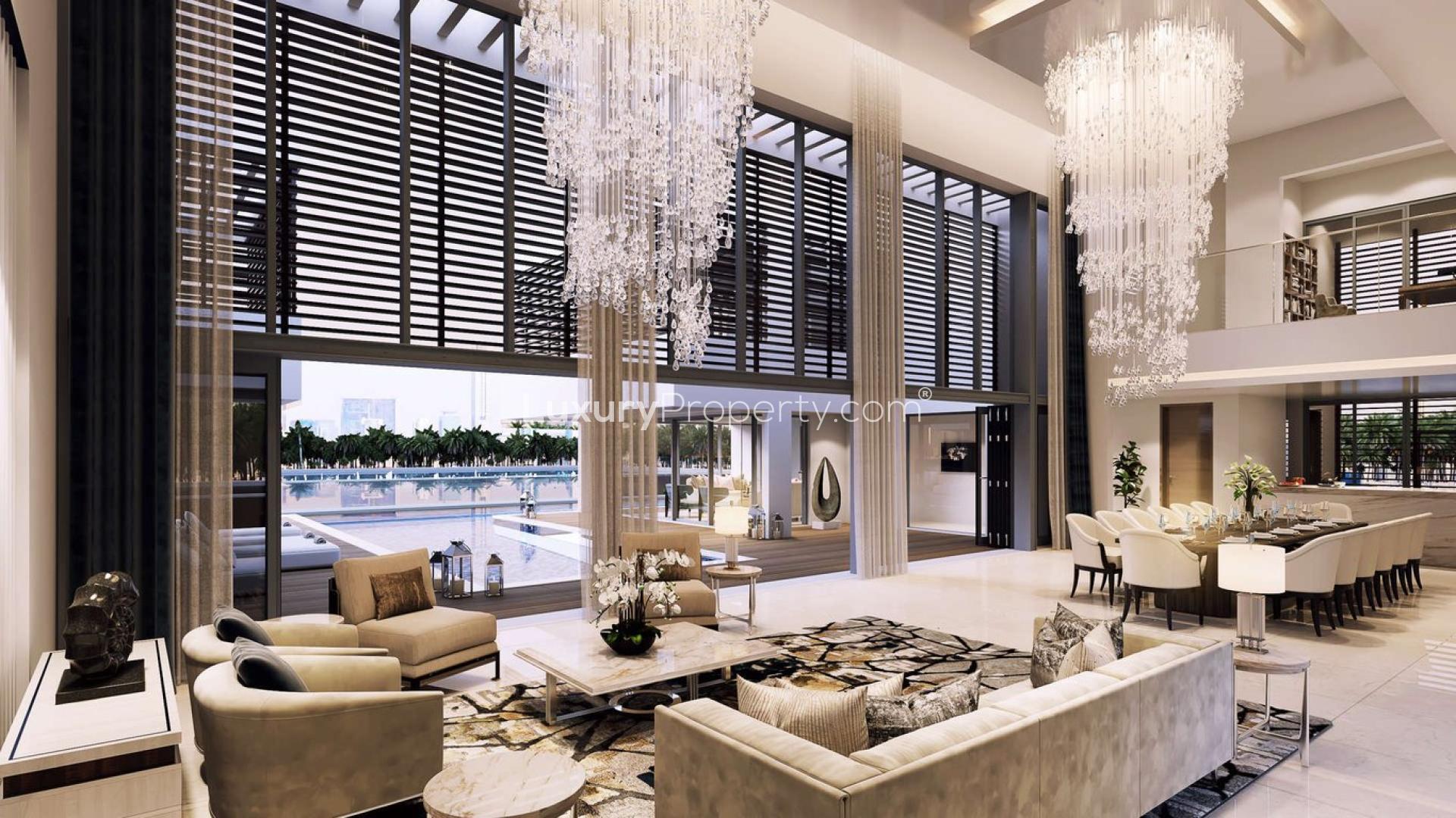 Luxurious living room in six-bedroom villa, MBR City, Dubai Water Canal view