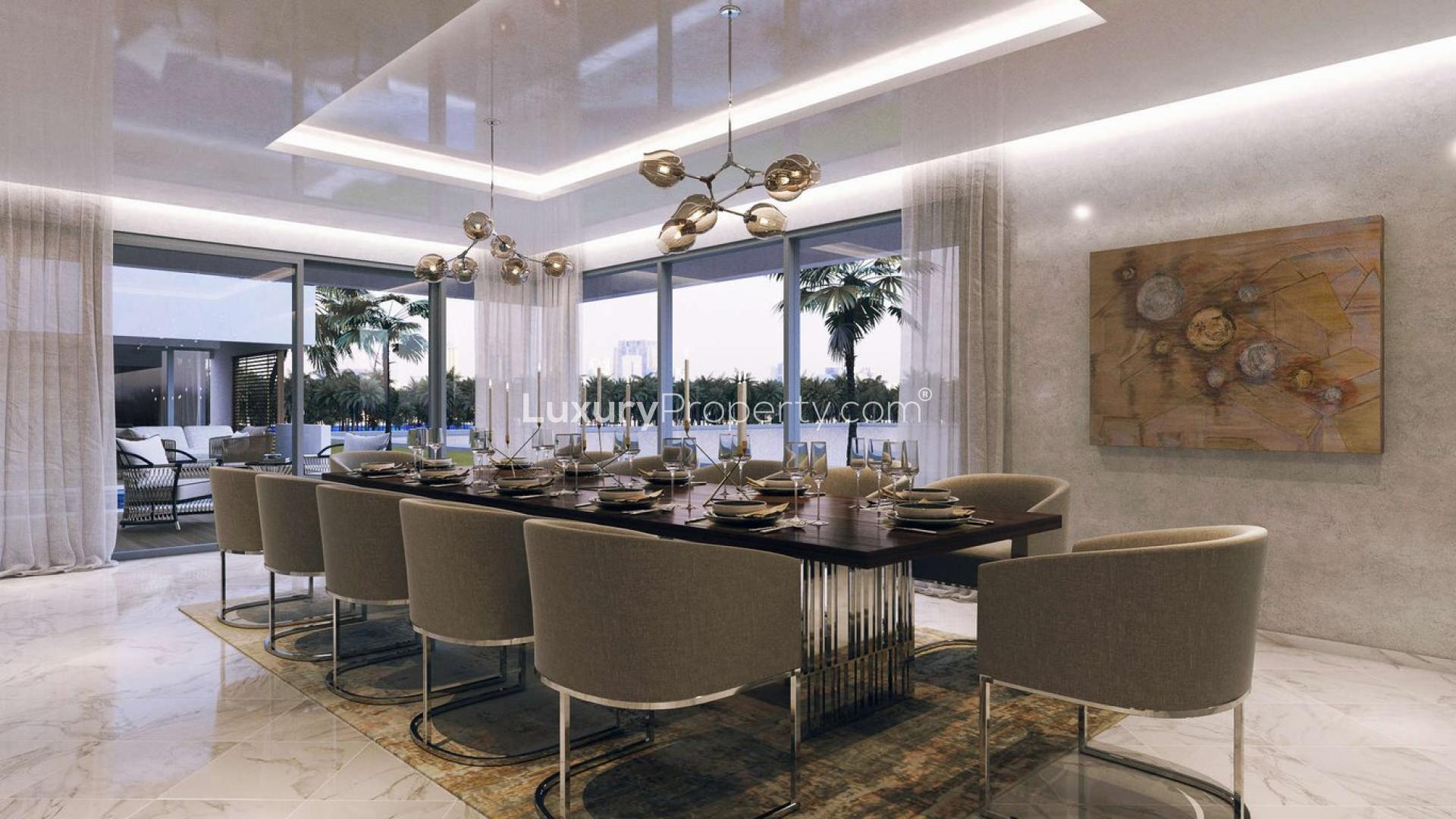 Exquisite six-bedroom villa exterior in Sobha Hartland, Dubai Water Canal view, MBR City