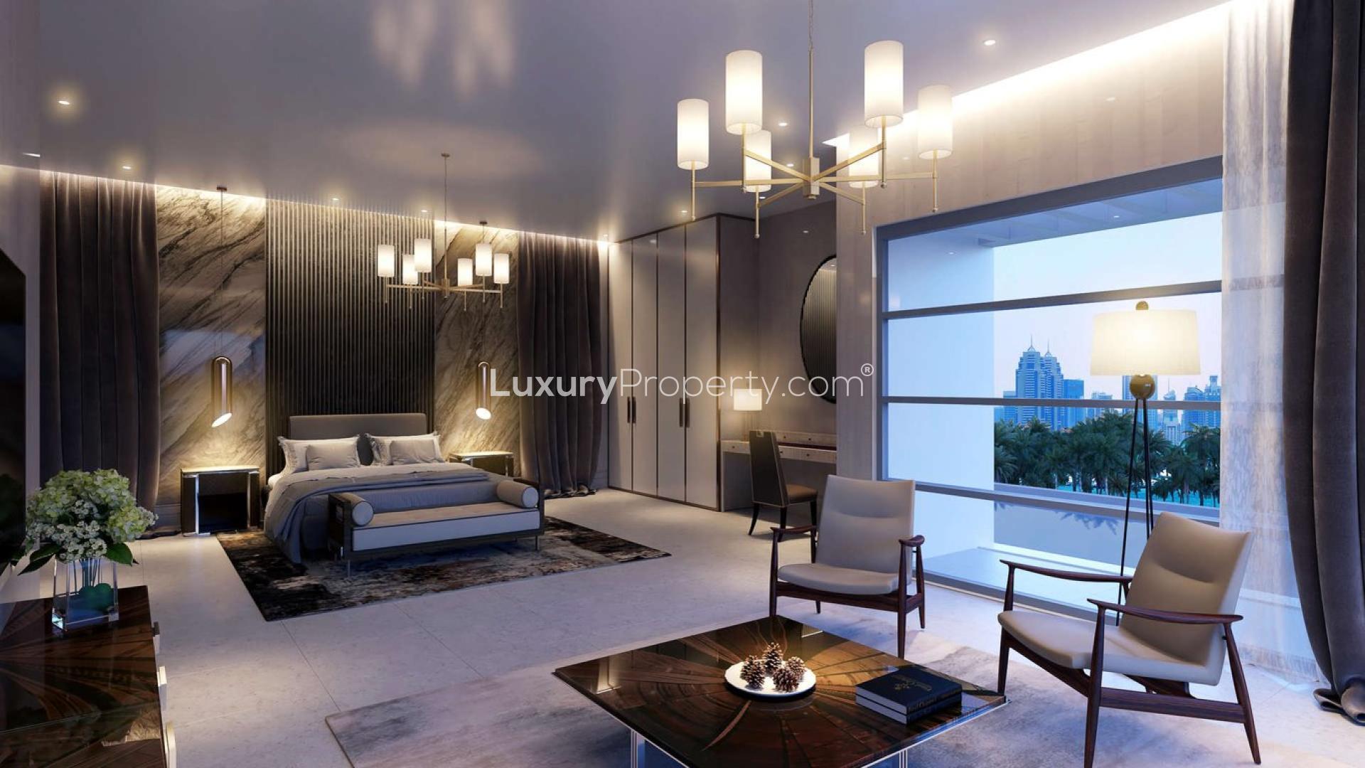 Luxurious bedroom in Sobha Hartland villa, MBR City, with modern decor and city view