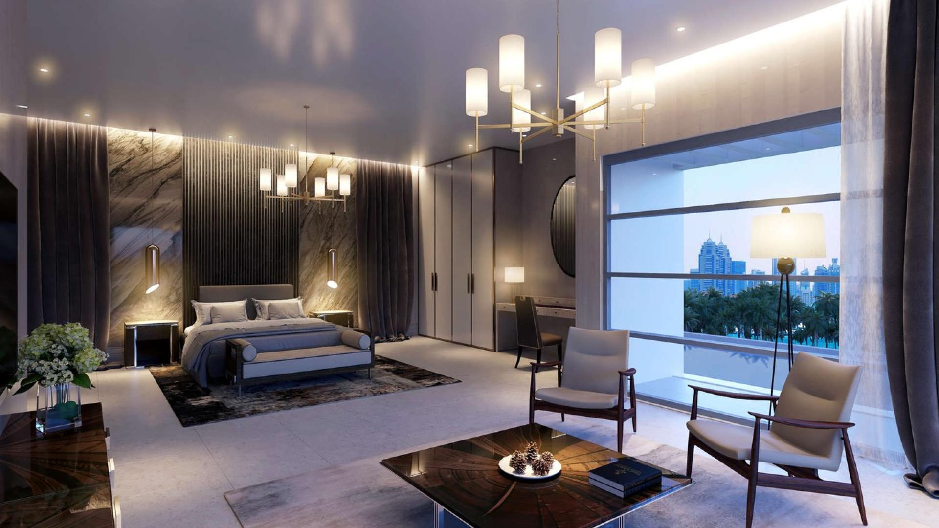 Luxurious bedroom in Sobha Hartland villa, MBR City, with modern decor and city view