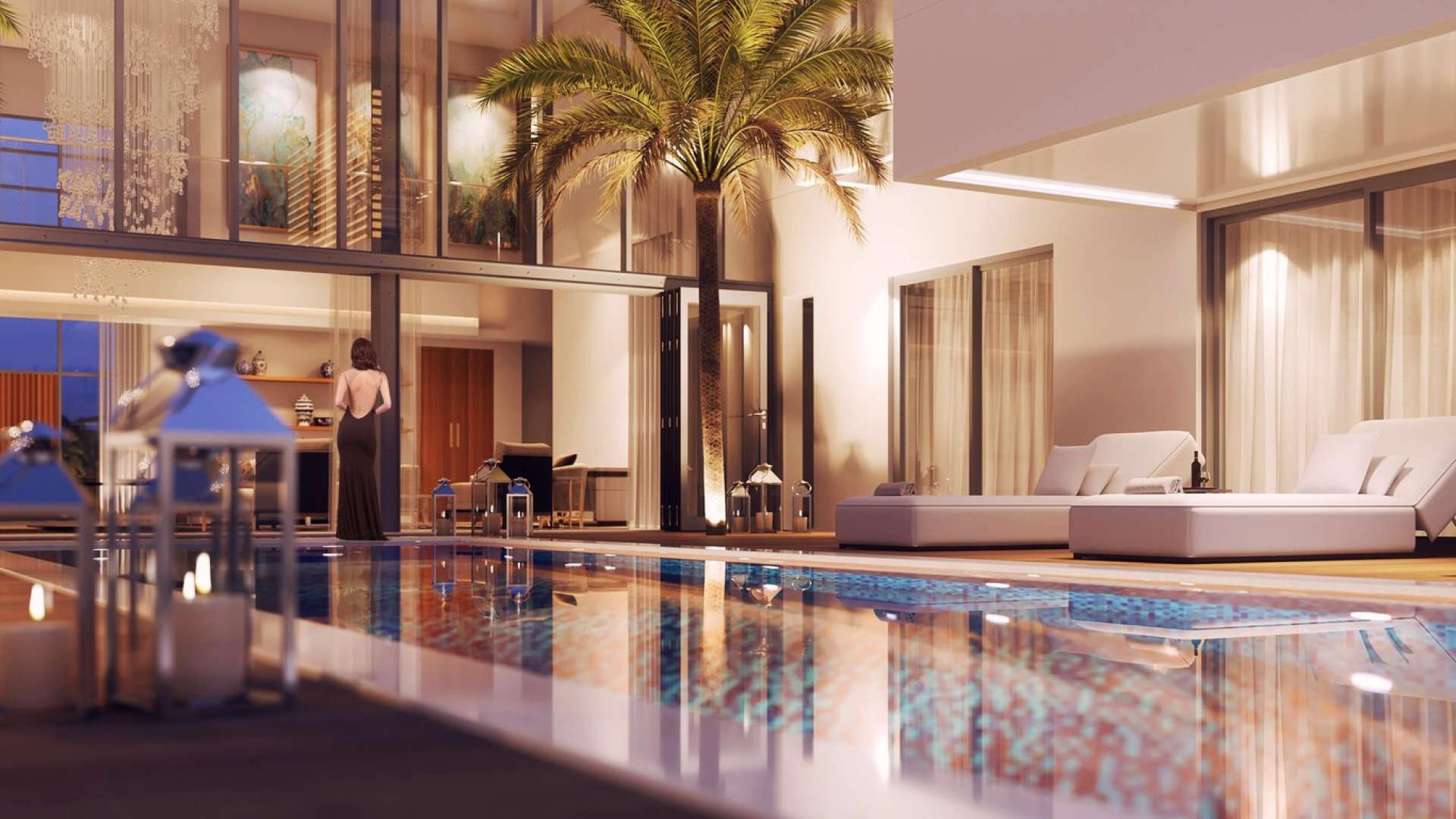 "Luxurious six-bedroom villa exterior in Sobha Hartland, MBR City, for sale.",Luxurious Sobha Hartland villa with poolside view in MBR City, perfect for elegant living