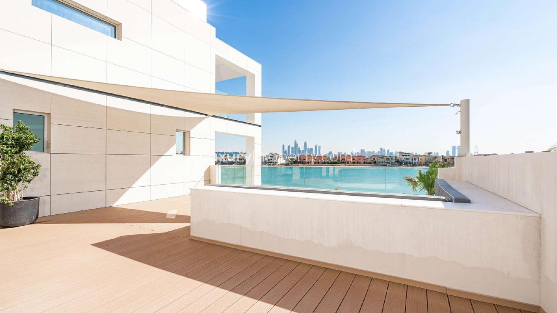 Custom-built villa exterior with modern design, Palm Jumeirah, Arabian Sea views, for sale